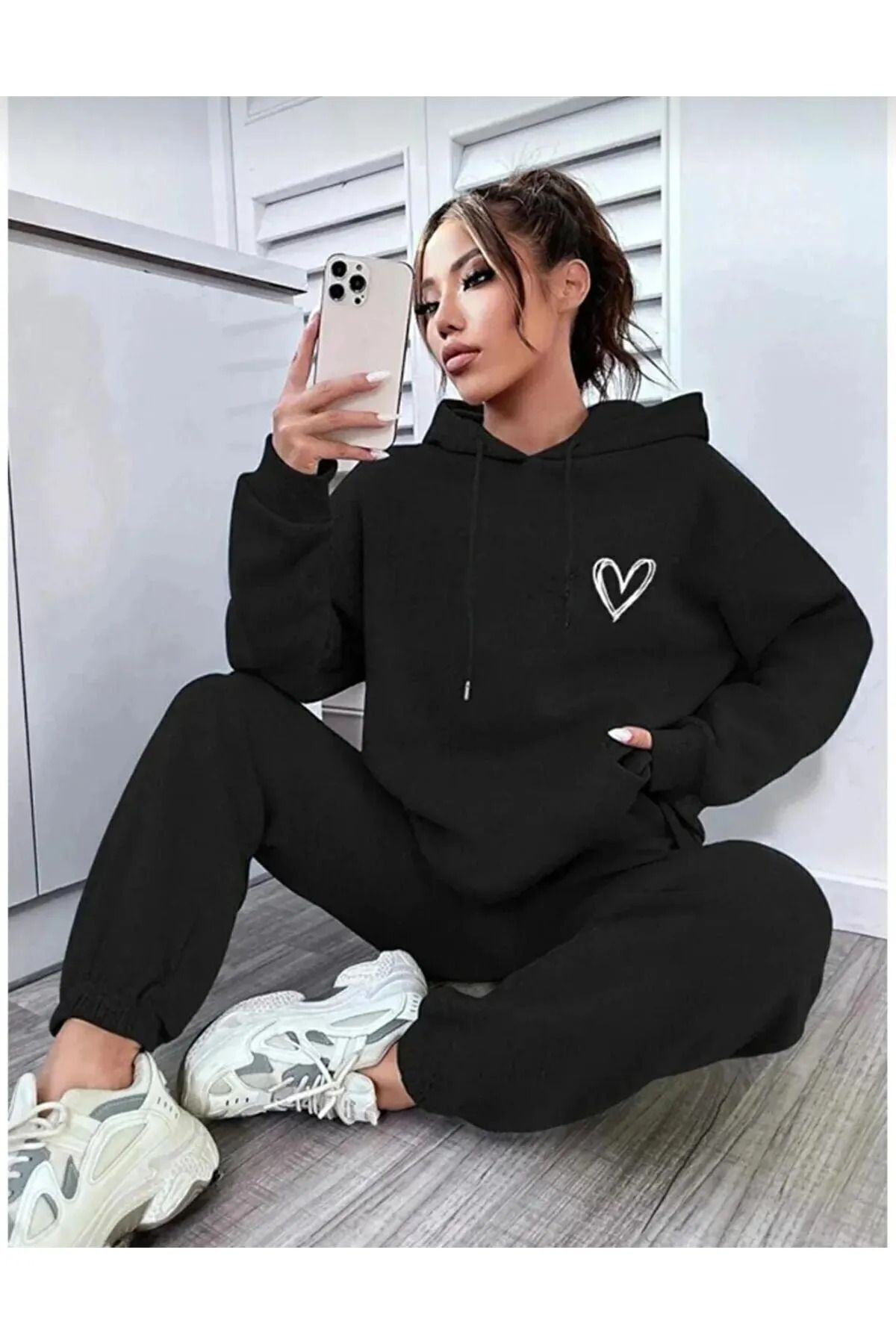 Kalp Baskılı Eşofman Takımı Sweatshirt Jogger - Baskılı Oversize Şardonlu Kapüşonlu