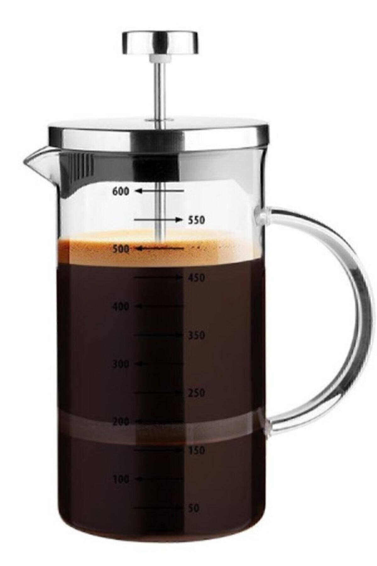 French Press Demlik Ölçü Kabı 3in1 Ürün Borosilikat Cam Frenchpress 600 ml