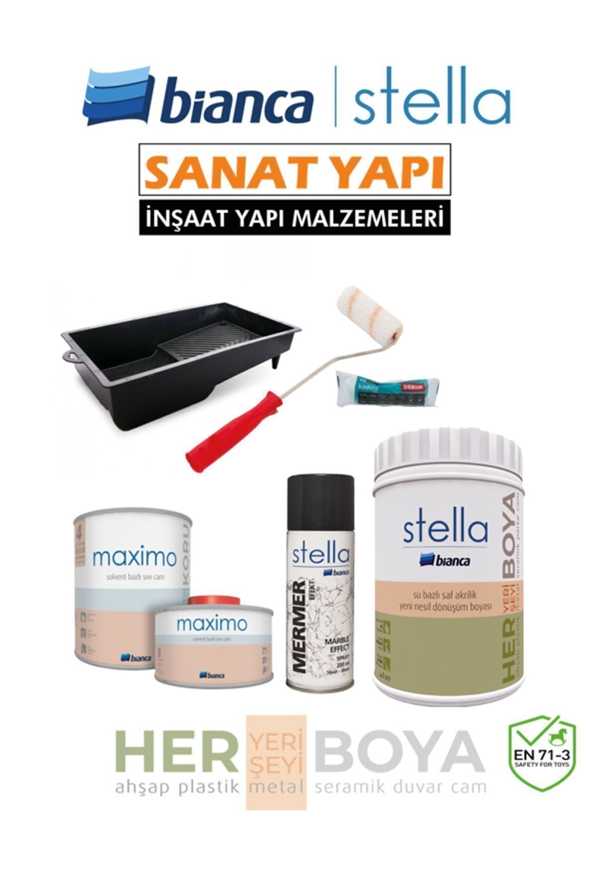 Stella Set 1 Lt - Beyaz Boya + Siyah Mermer Effekt Sprey + Maximo Sıvı Cam Parlak