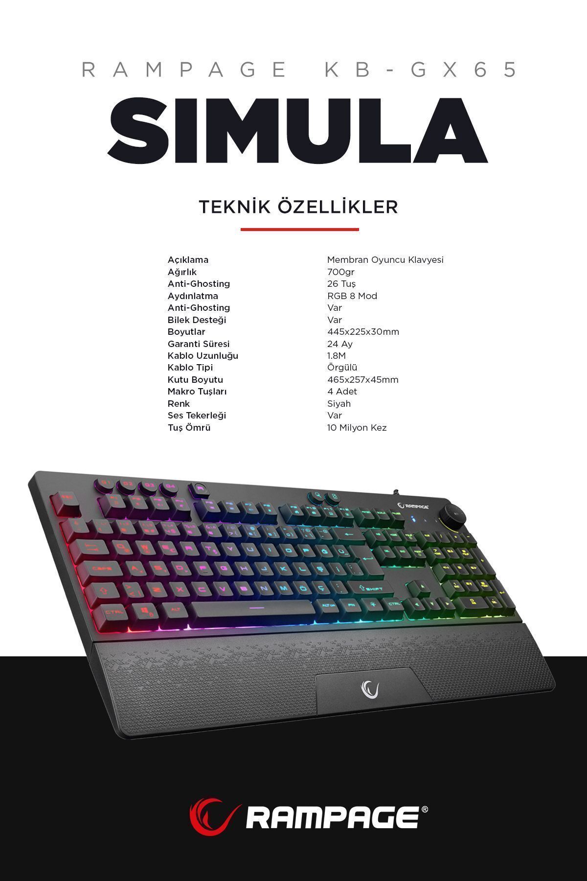 Kb-gx65 Simula Usb Rgb Aydınlatmalı 4 Makro Tuşlu Bilek Destekli Gaming Oyuncu Klavyesi