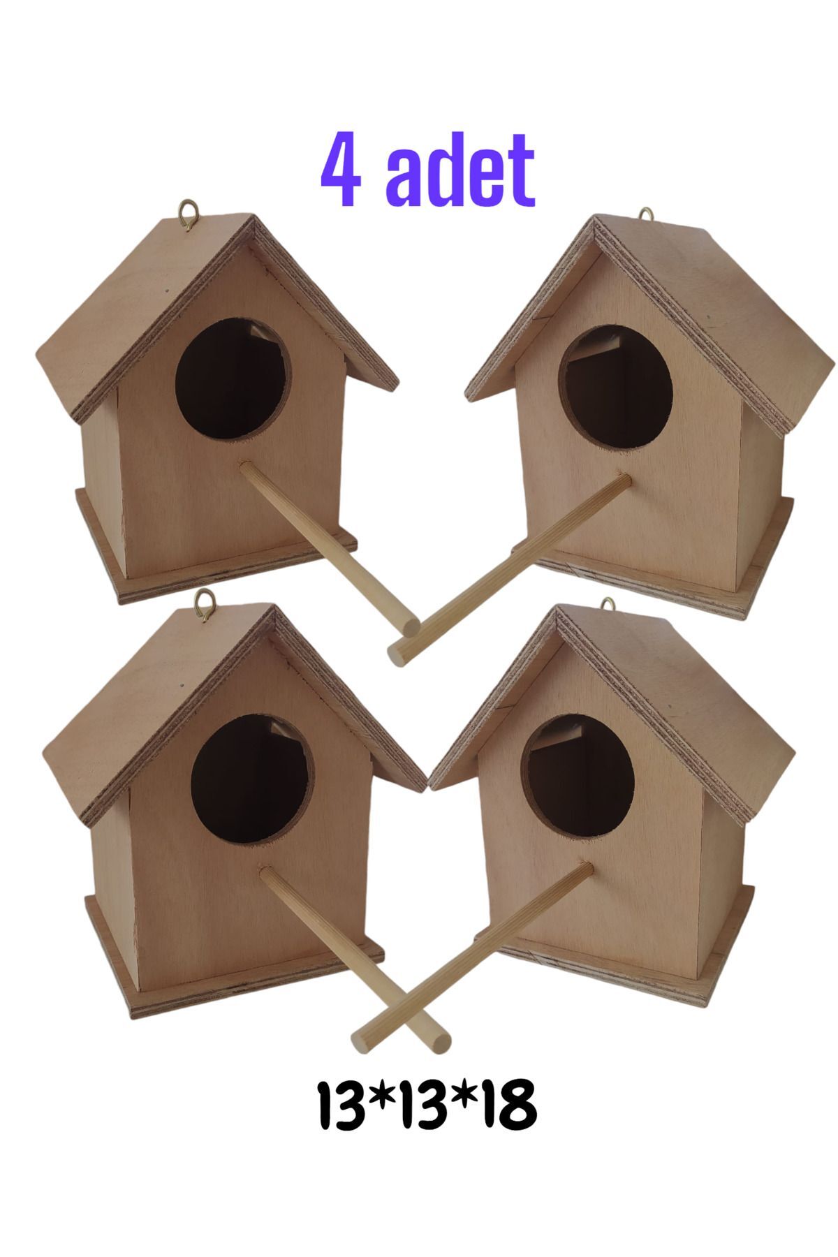 Ahşap Kancalı Kuş Yuvası Kuş Evi 4 Adet 13*13*18 Cm Yağmura Kara Dayanıklı