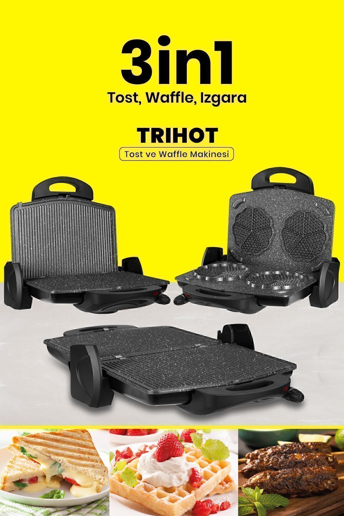 Trihot 3 In 1 Granit Çıkarılabilir Plakalı Waffle Izgara Tost Makinesi 6 Dilim Siyah