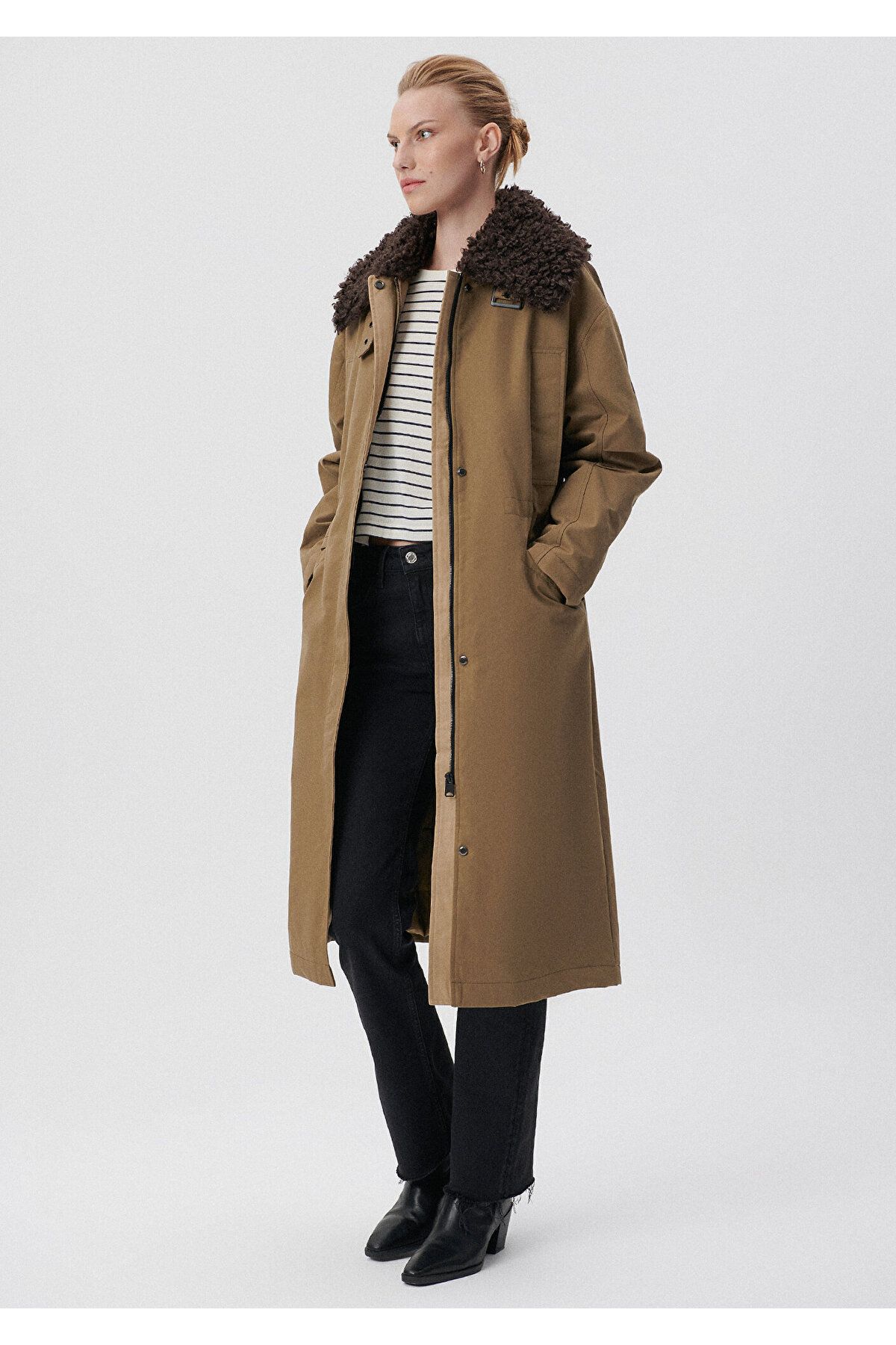 Premium Suni Kürk Yaka Haki Parka Loose Fit / Bol Rahat Kesim 1110211-71298