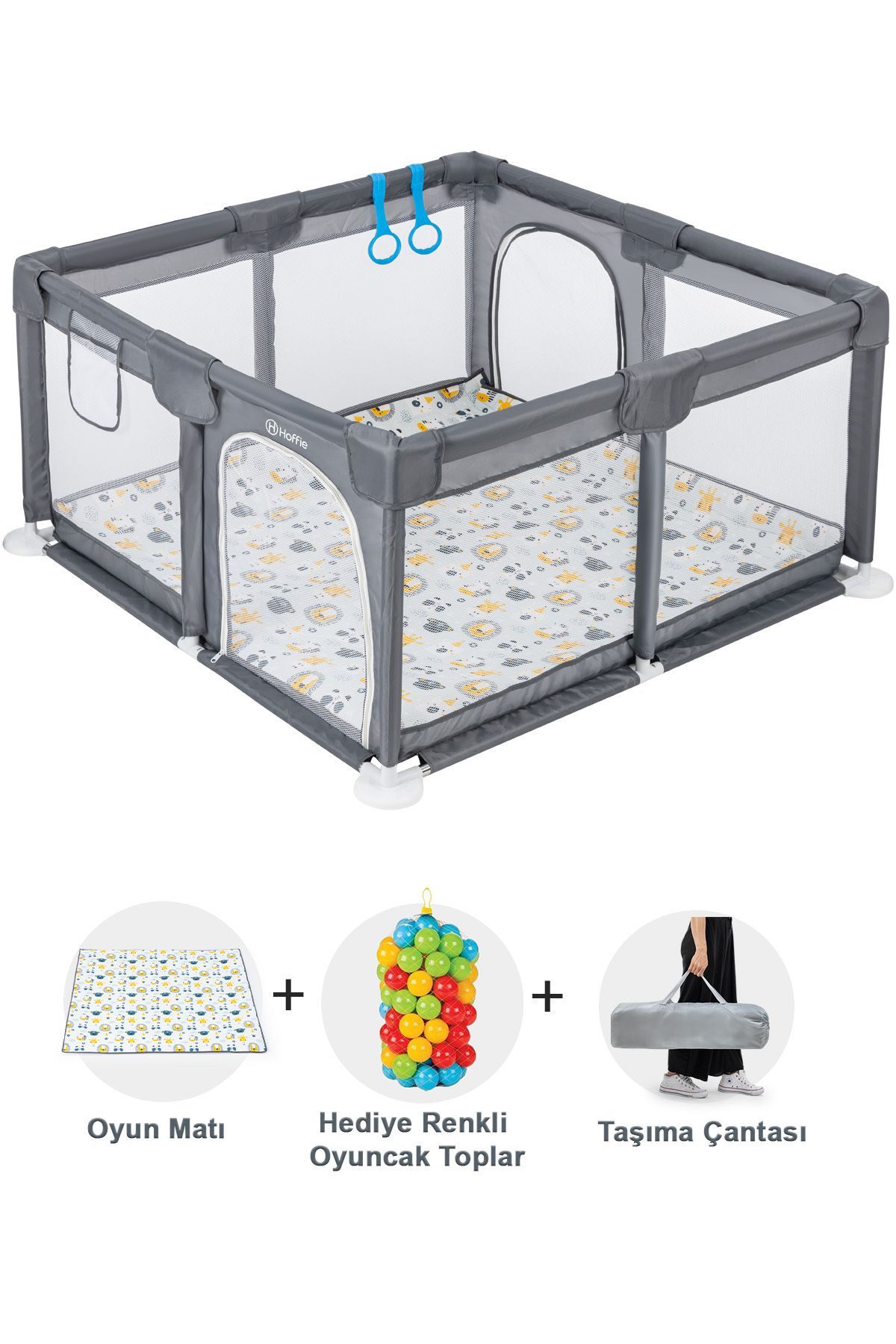 Original Playard Plus Güvenli Bebek Ve Çocuk Oyun Alanı Oyun Parkı 120x120 Oyun Matı Ve Topları,gri