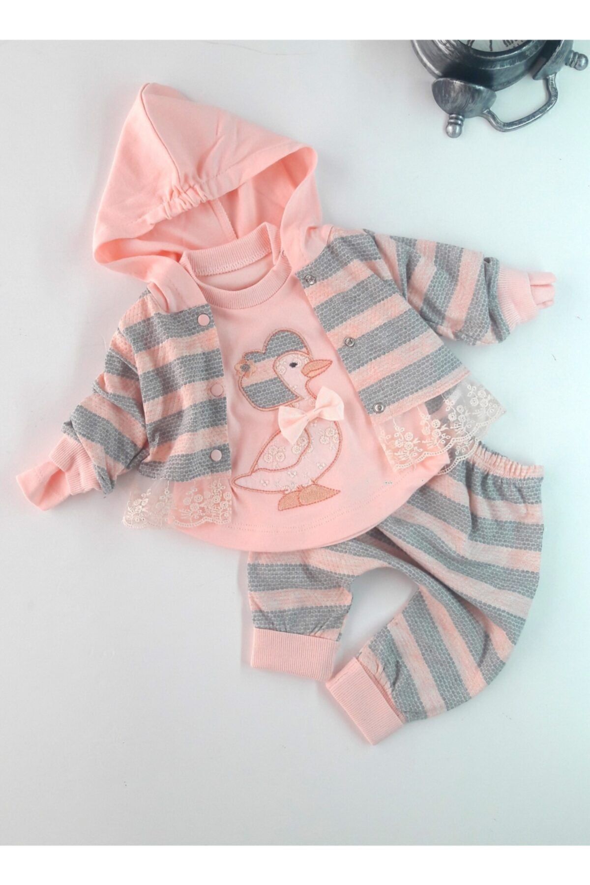 Kız Bebek Pembe Ördek İşlemeli Hırkalı Takım 3lü