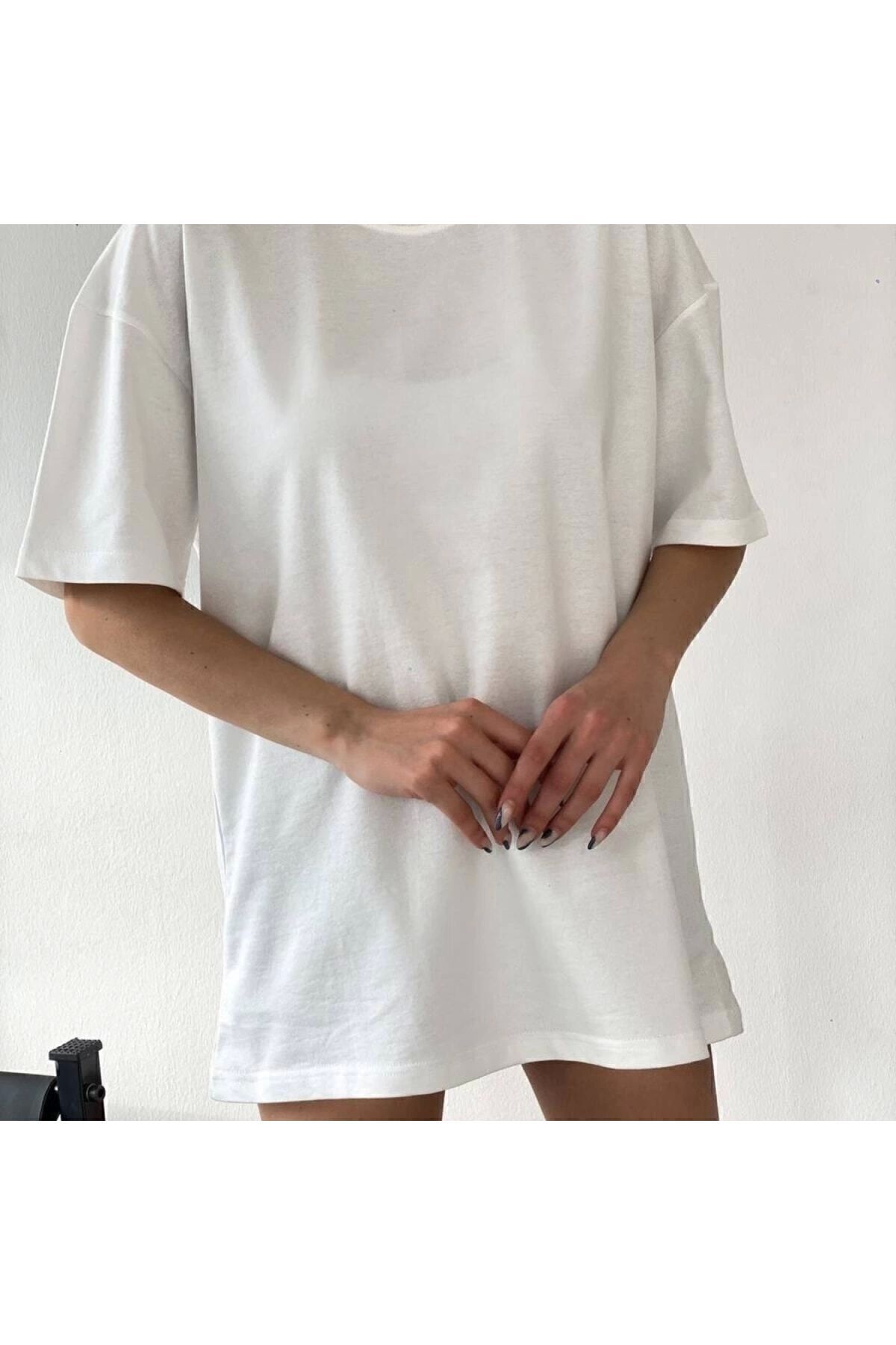 Unisex Kalın Kumaştan Pamuk Beyaz Bisiklet Yaka Oversize Boyfriend T-shirt