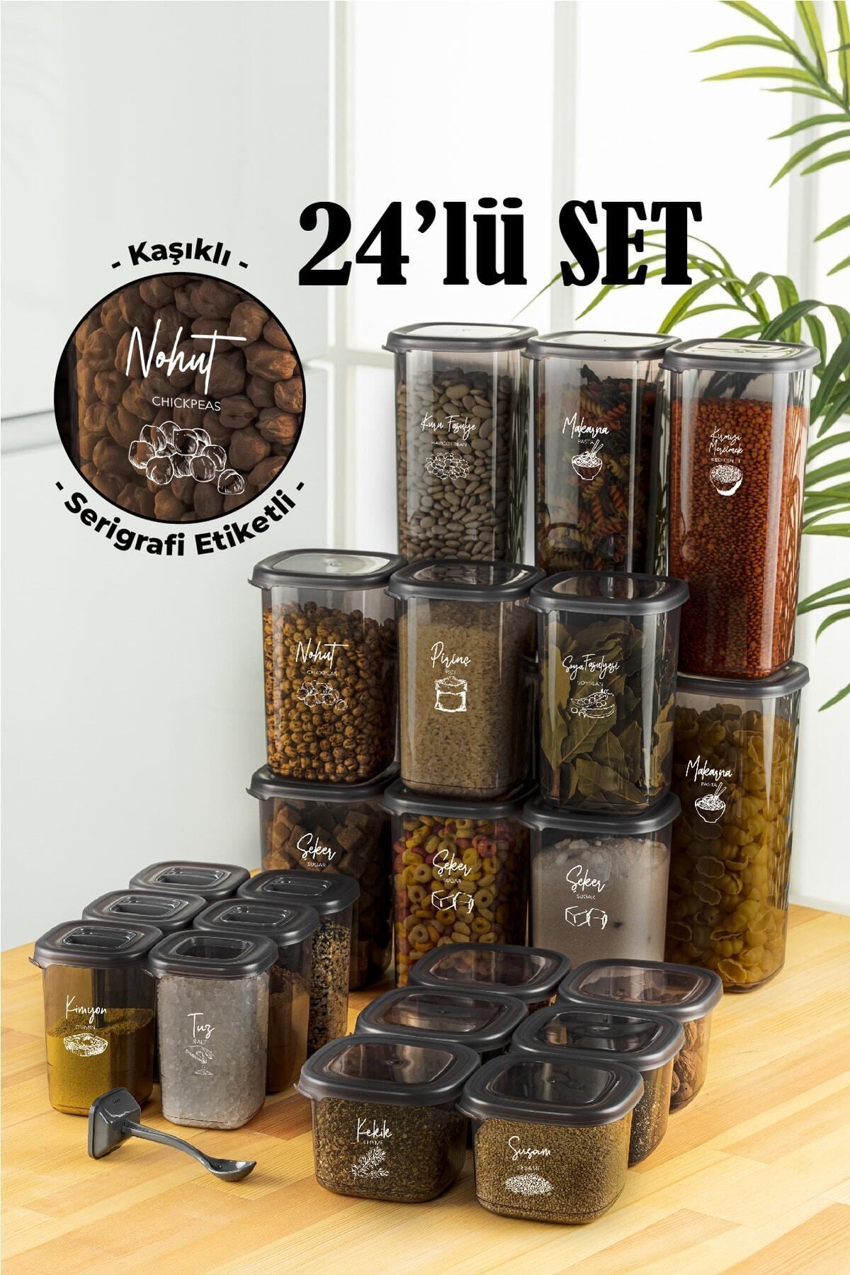 24lü Beyaz Serigrafi Etiketli Kaşıklı Peggy Kare Erzak Baharat Full Set 6x(1,75 1,2, 0,55, 0,45) Ant
