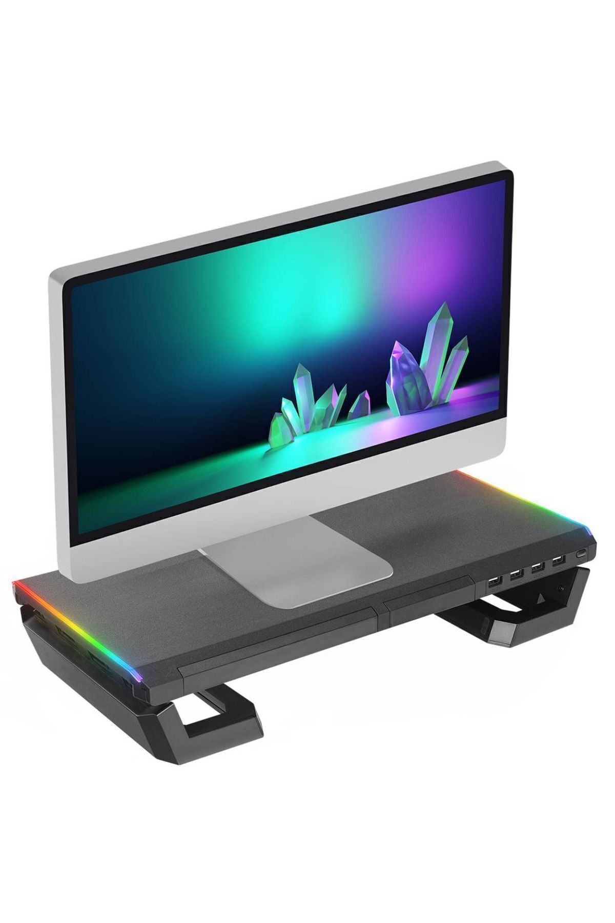 ST1 4 USB Hub RGB Işıklı Katlanabilir Yükseklik Ayarlı Siyah Monitör Standı