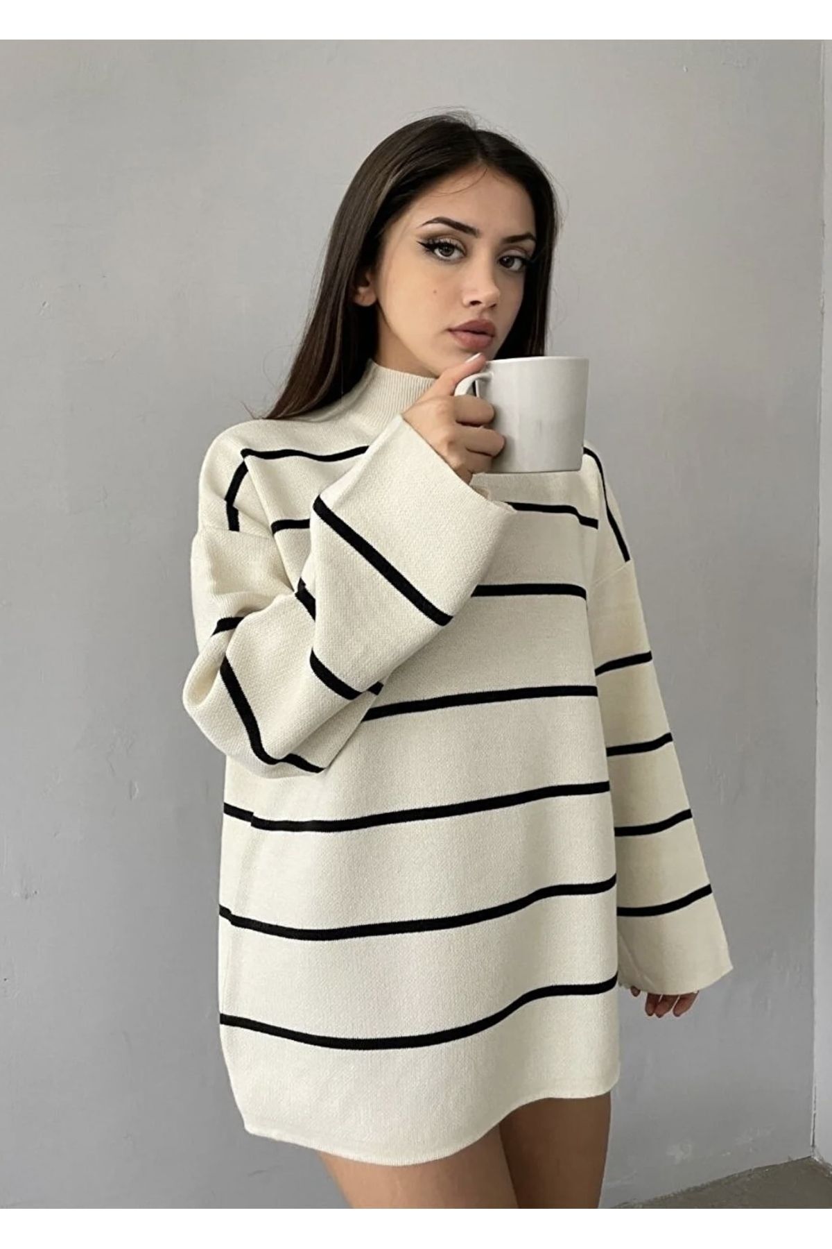 Kadın Kazak,Kadın Oversize Çizgili Yarım Balıkçı Yaka Triko Kazak, Çizgili Kazak,Oversize Kazak