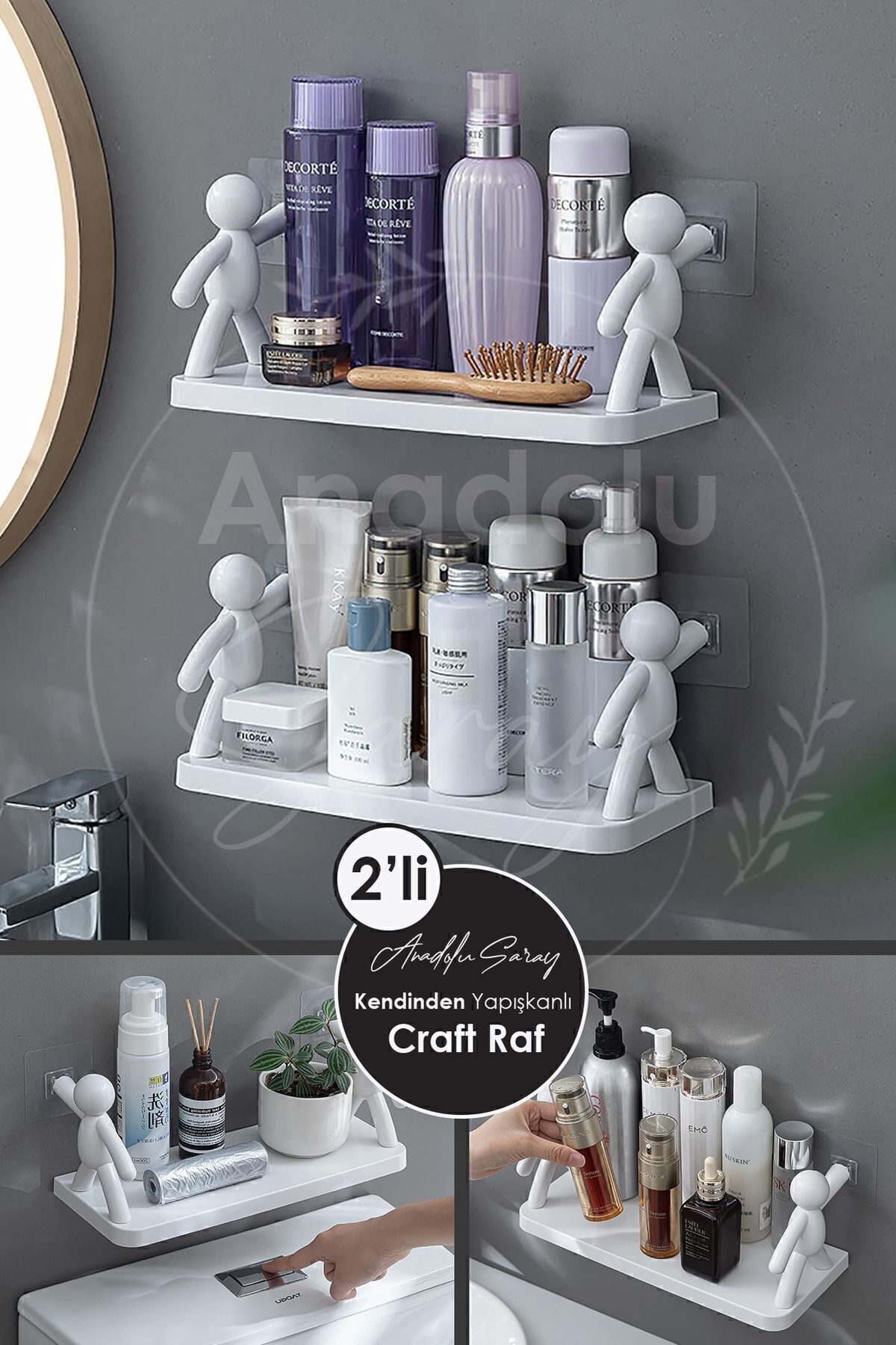 2 ADET Kendinden Yapışkanlı Craft Banyo Rafı Tarz Baharatlık Rafı Organizer Düzenleyici - 2 Adet