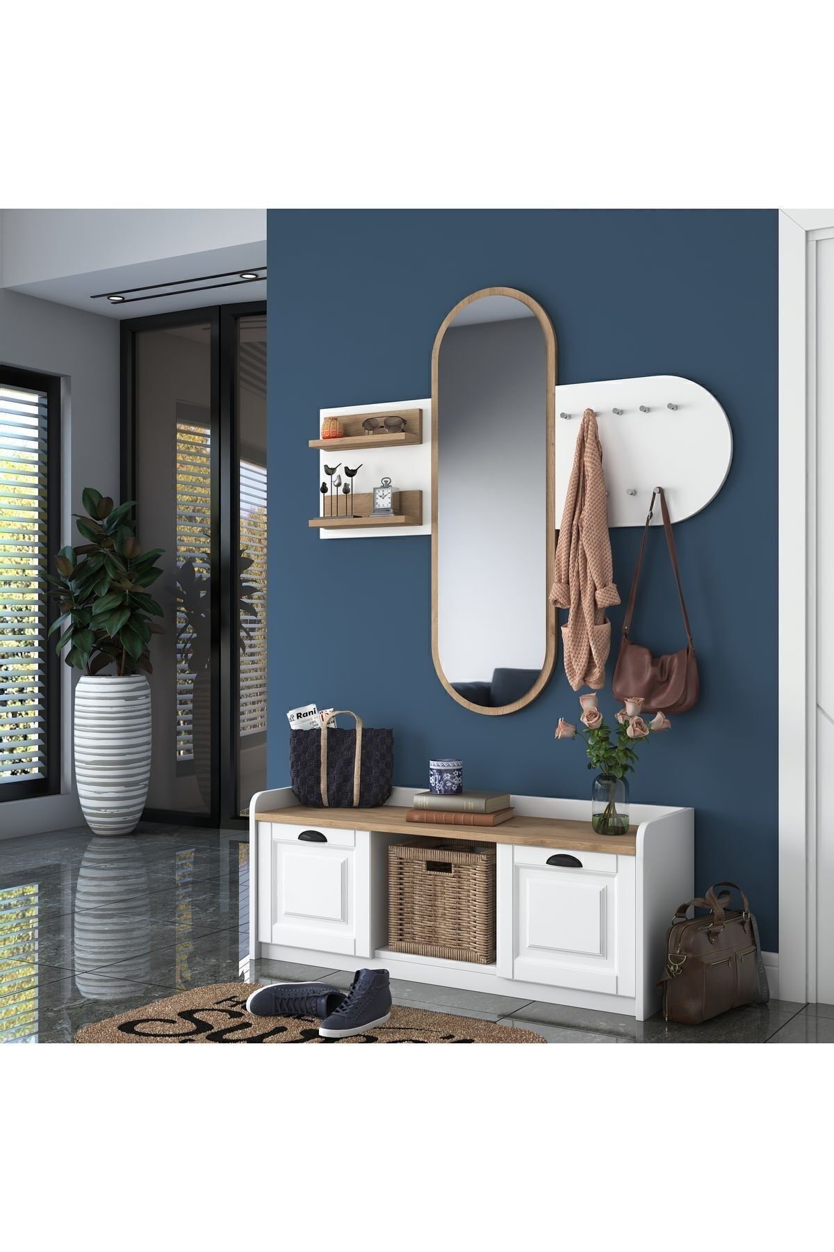 Rani Ee101 Aynalı Vestiyer Modern Portmanto Duvar Askısı Ayakkabılık Renk: Beyaz - S. Ceviz