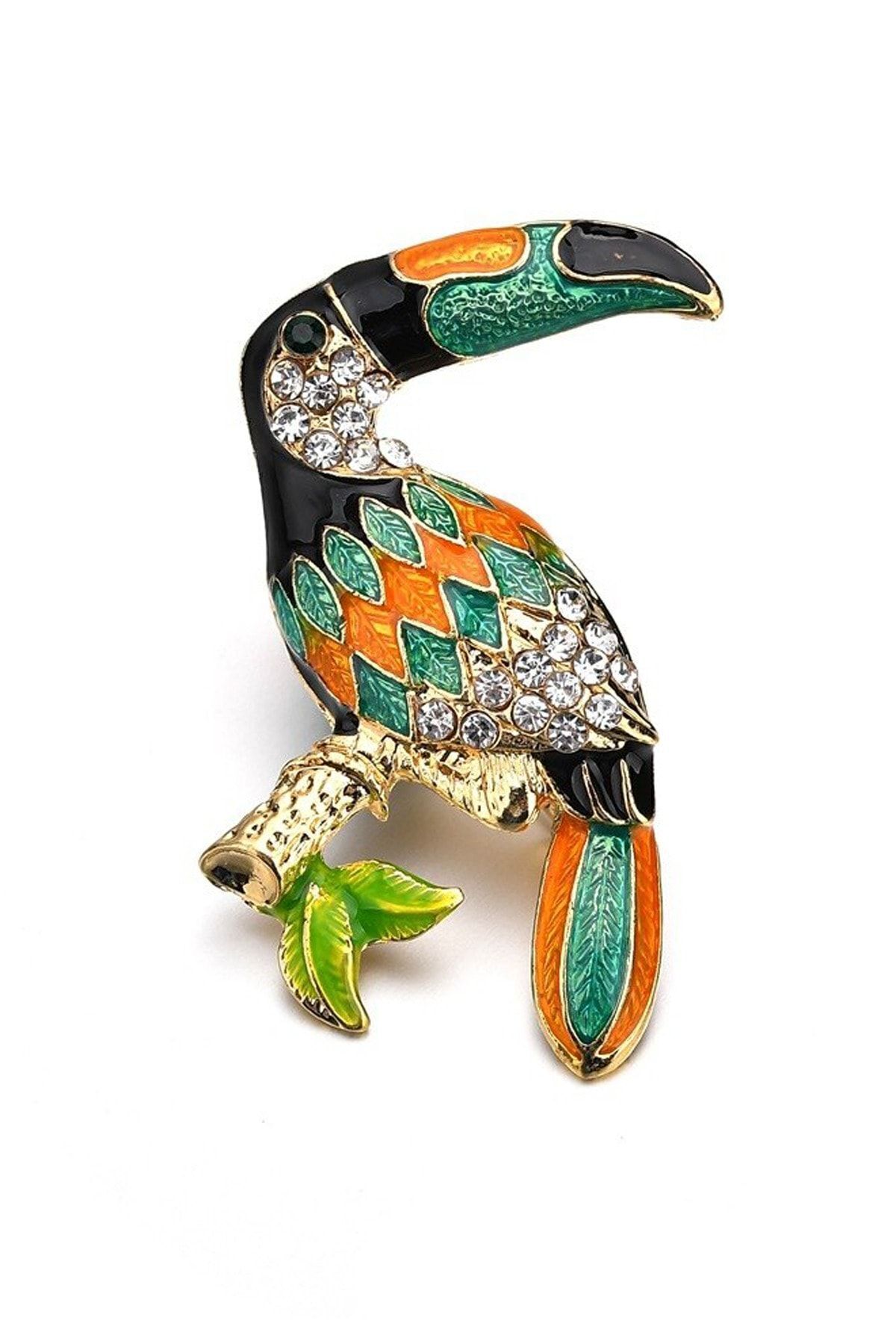 Renkli Mineli Altın Renk Papağan Broş