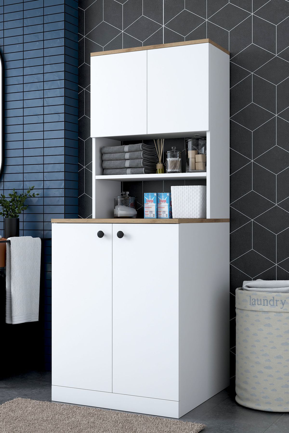 Rani Kd102 Çamaşır Makinesi Dolabı Kapaklı 3 Raflı Üst Dolaplı Banyo Dolabı Beyaz - Sepet Ceviz