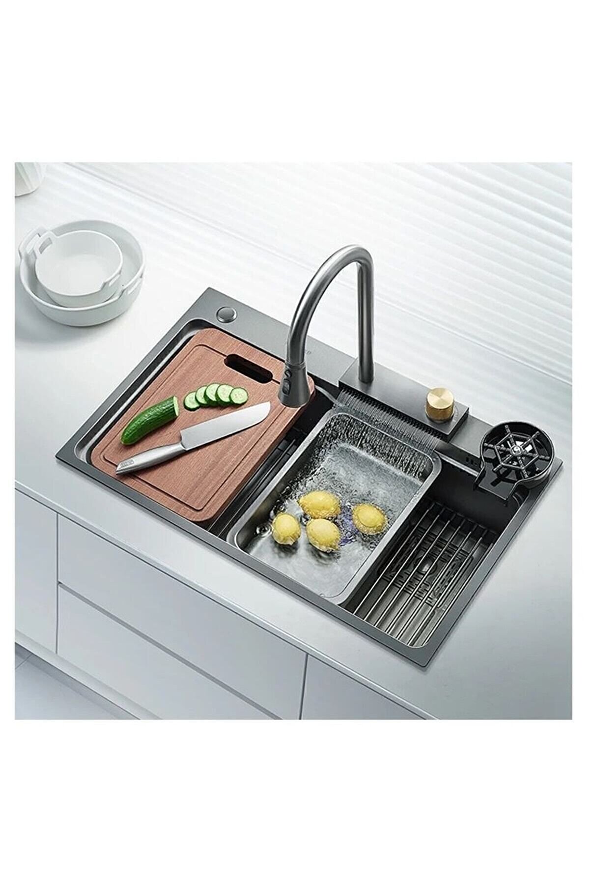 Akıllı Evye Seti Teknolojik Bataryalı Şelale Evye Siyah Tüm Aparatları Dahil