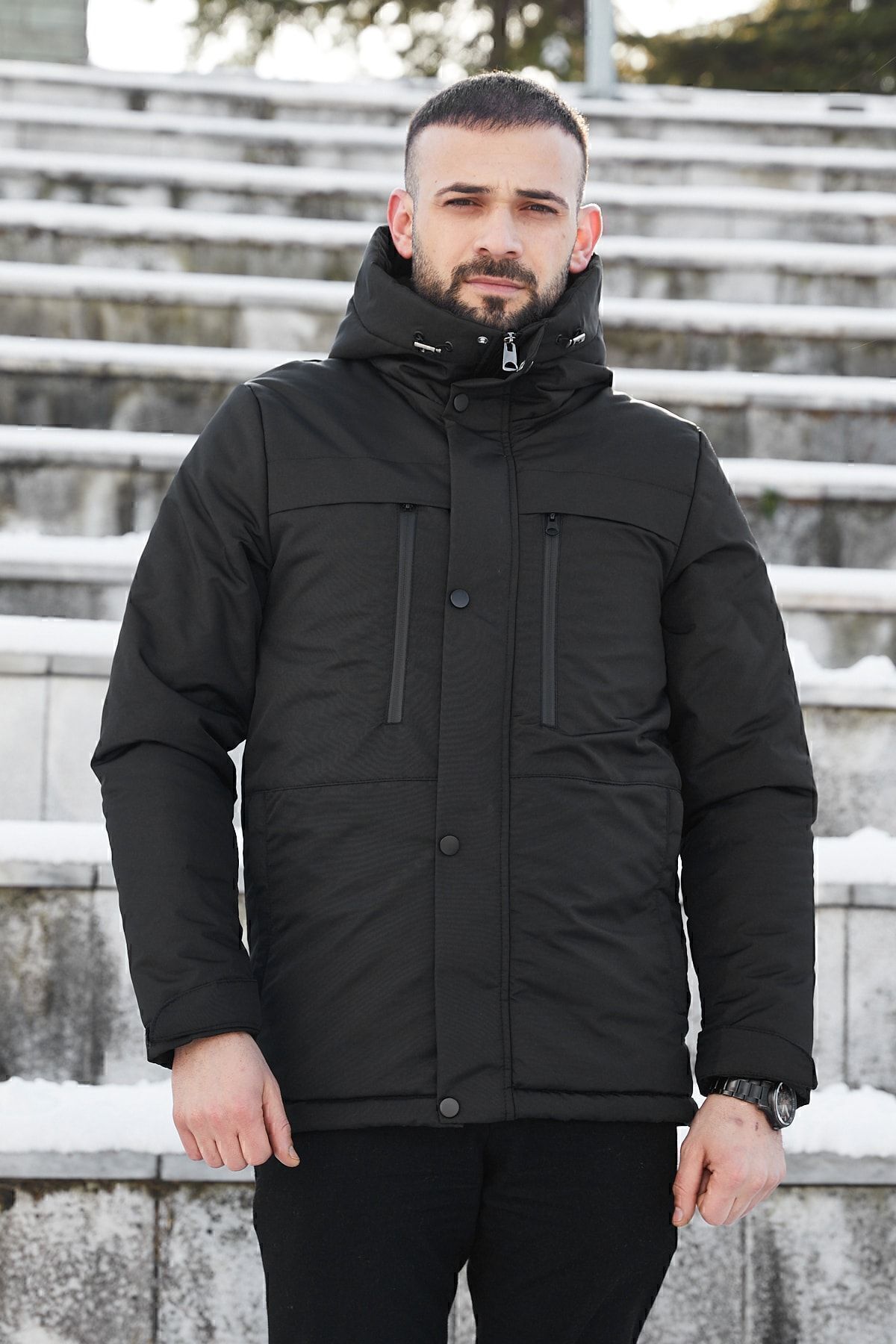 Erkek Siyah Polarlı Su Ve Rüzgar Geçirmez Kapüşonlu Kışlık Mont & Kaban & Parka