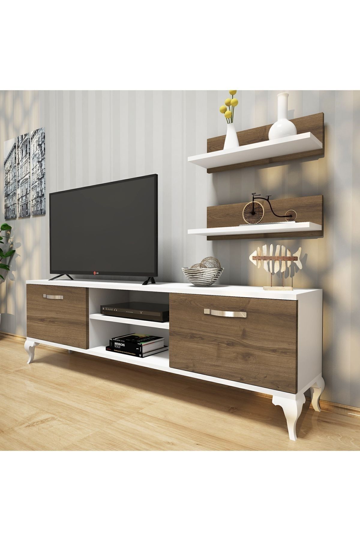 Rani A4 Duvar Raflı Tv Sehpası Kitaplıklı Tv Ünitesi Modern Ayaklı Tasarım Beyaz - Hitit Ceviz