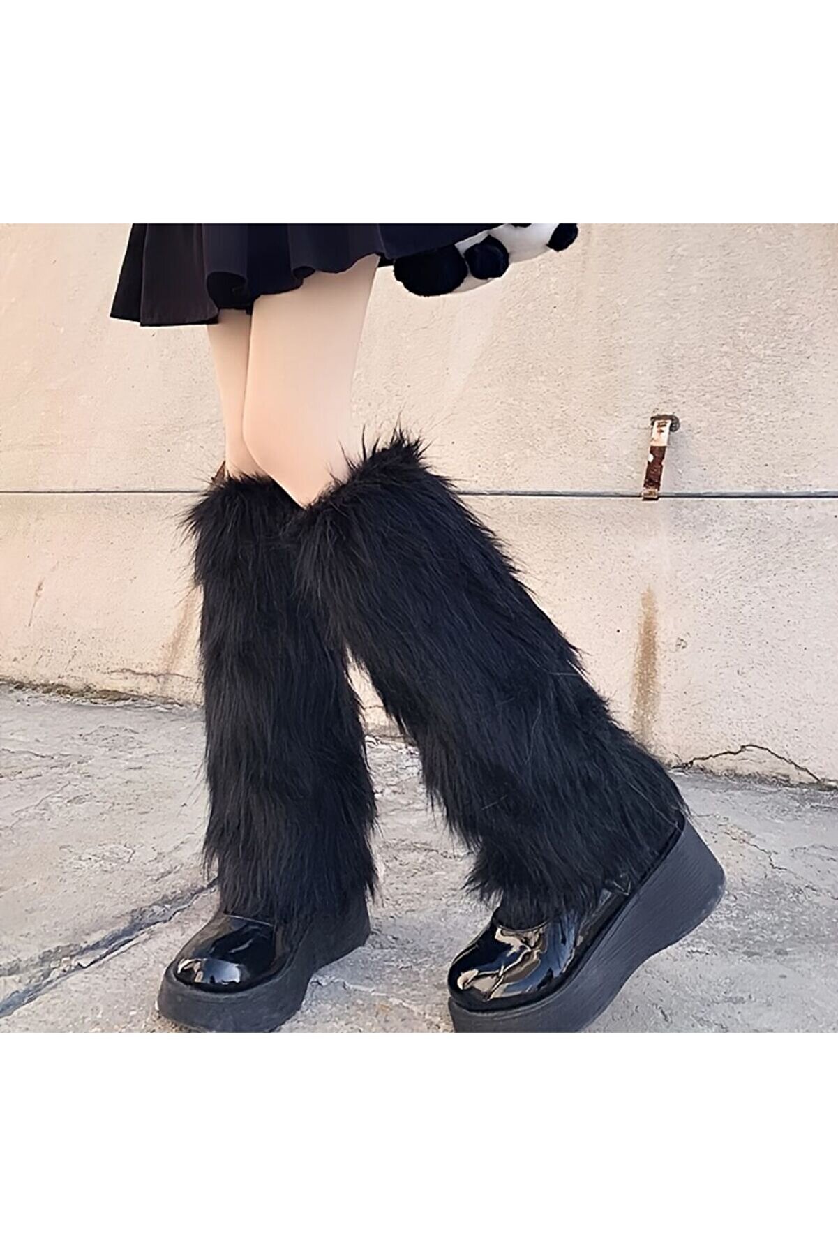 Uzun Tüylü Siyah Peluş Tozluk Y2k Lolita