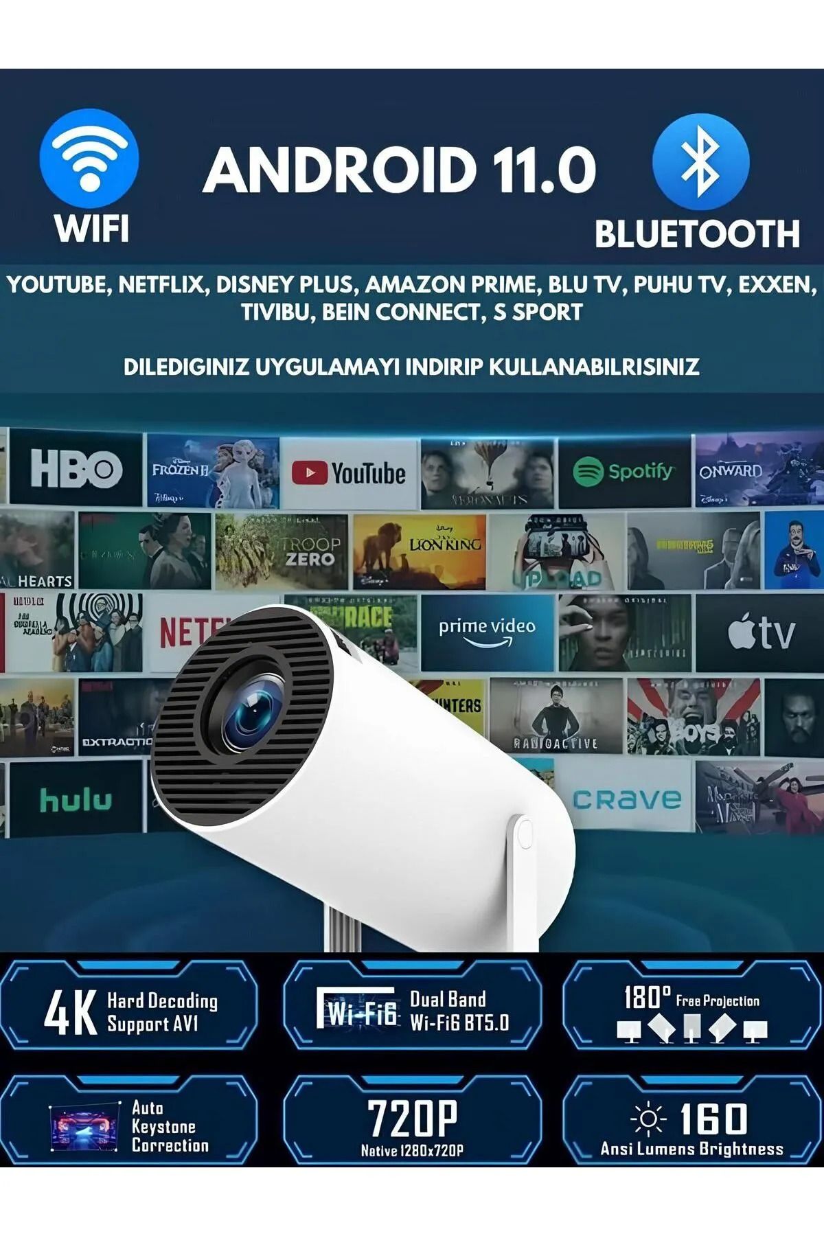 Taşınabilir Sinema Projektörü 4k Ev Sineması Bluetooth Android 12