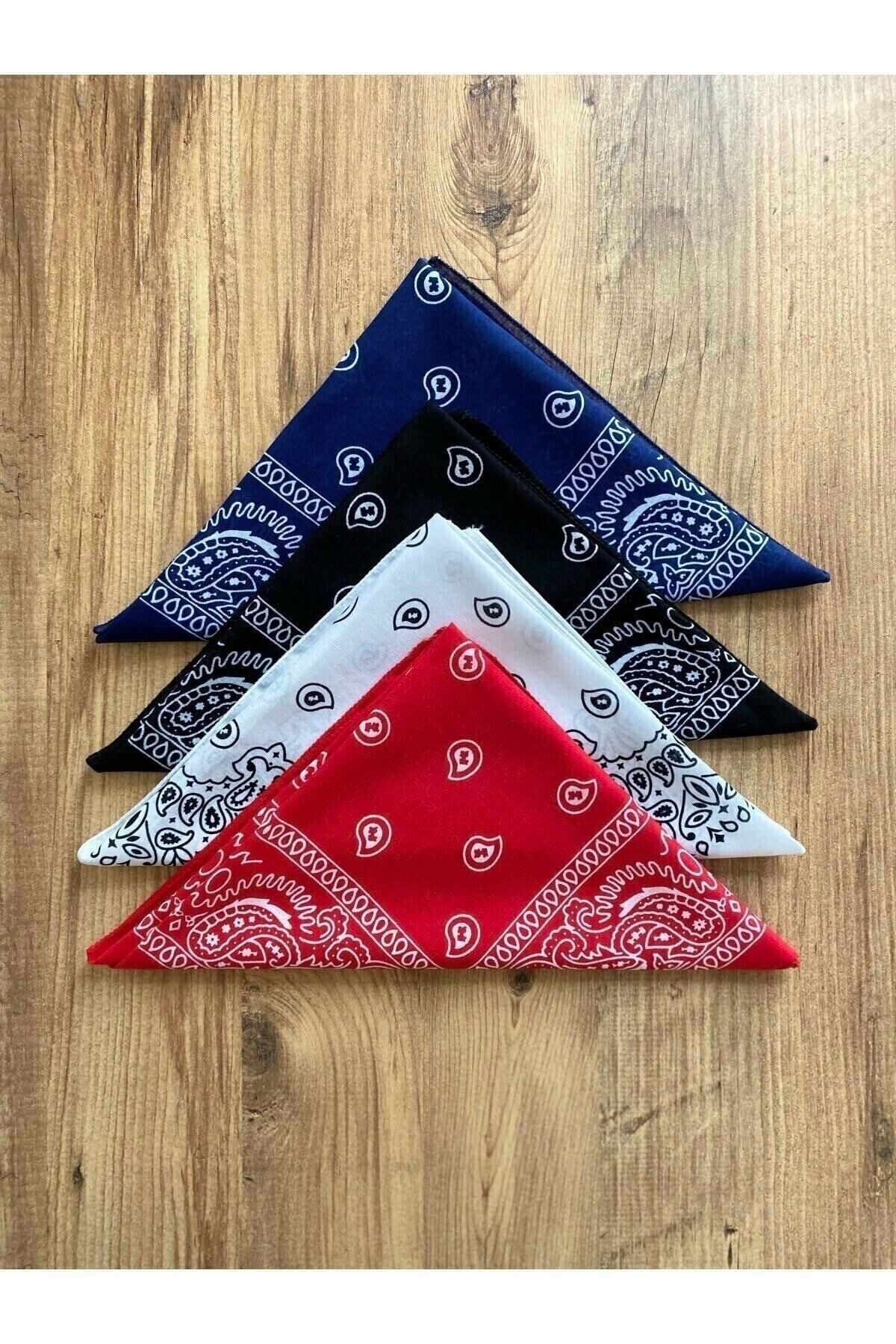 %100 Pamuk Orjınal 4 Adet Etnik Desenli Bandana - Siyah Beyaz Kırmızı Lacivert