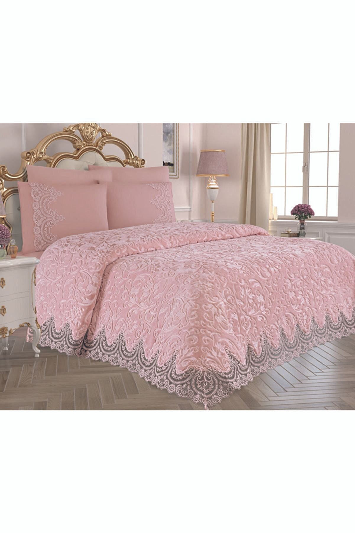 Steel Home Collection Merissa Pudra Dantelli Battaniye Seti