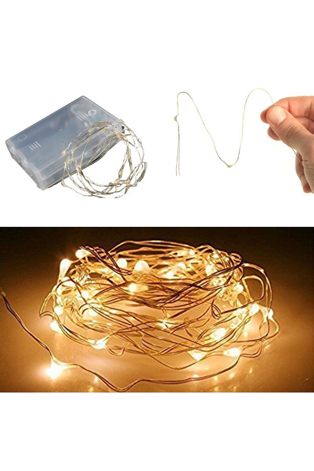 Partidolu Yılbaşı Bakır Tel Peri Led 3 Metre Gün Işığı Renk Pilli Led Işık 20 Ampullü Ramazan