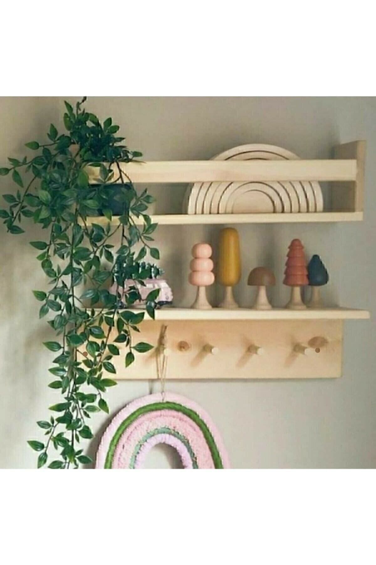 Ahşap Askılık Raf Ve Kitaplık Raf Eğitici Montessori Raf 2li 50 Cm