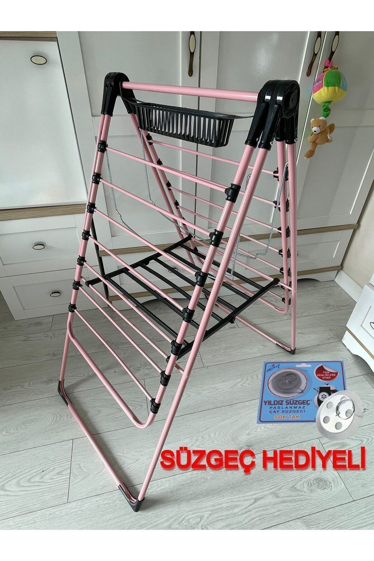 Pembe Renkli Kanatlı Kurutmalık Elbise Çamaşır Kurutmalığı Kalın Borulu Çamaşır Teli