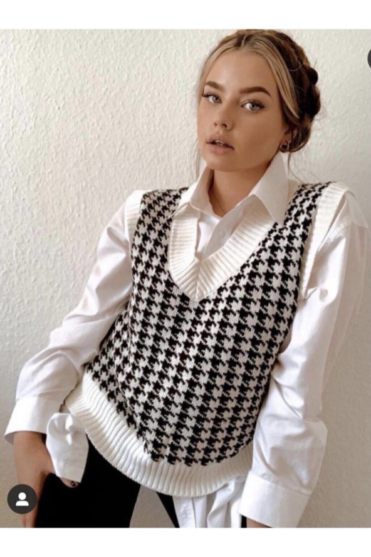 Kadın Giyim Hotfashion Beyaz Ekose Süveter