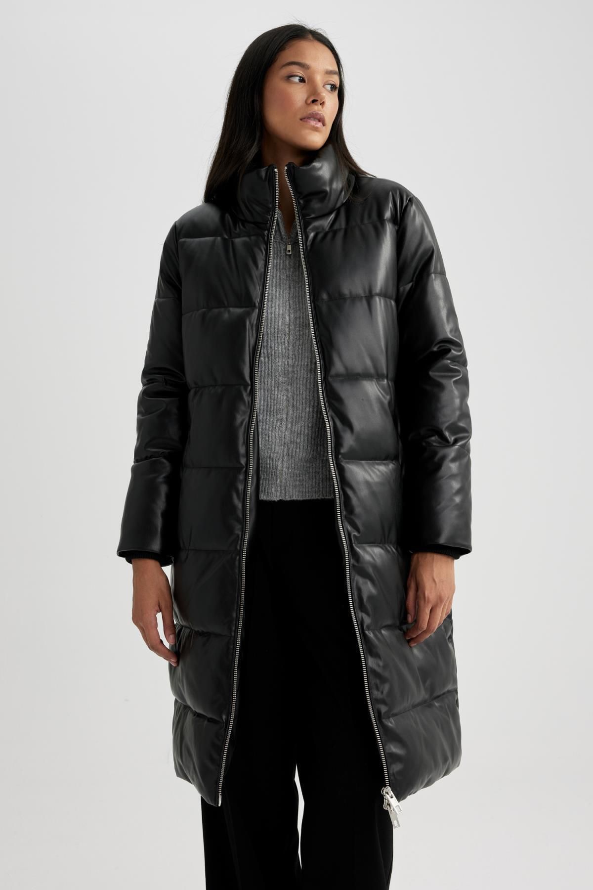 Su Geçirmez Relax Fit Dik Yaka Suni Deri Mont Parka A0990ax23cw