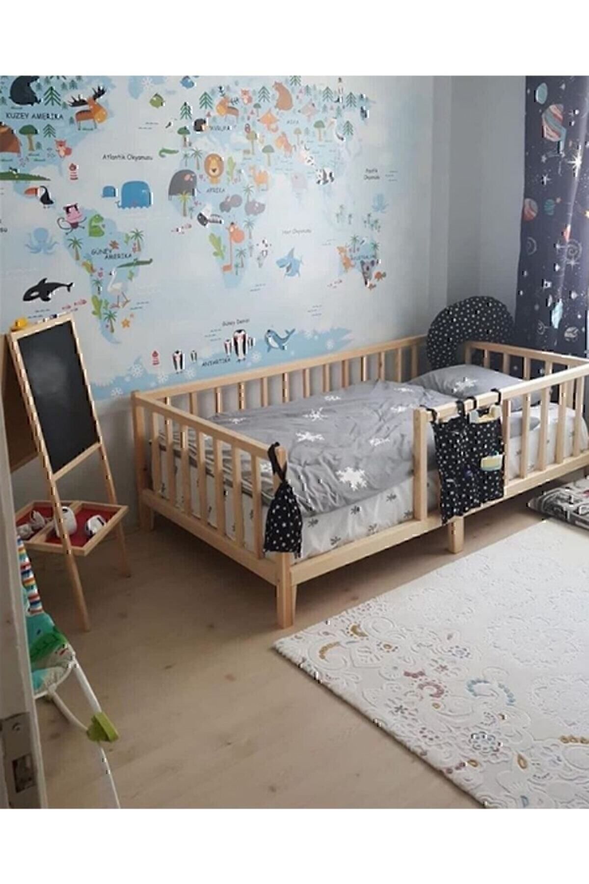 90*190 Yuvarlak Çıtalı Doğal Ahşap Çocuk Yatağı