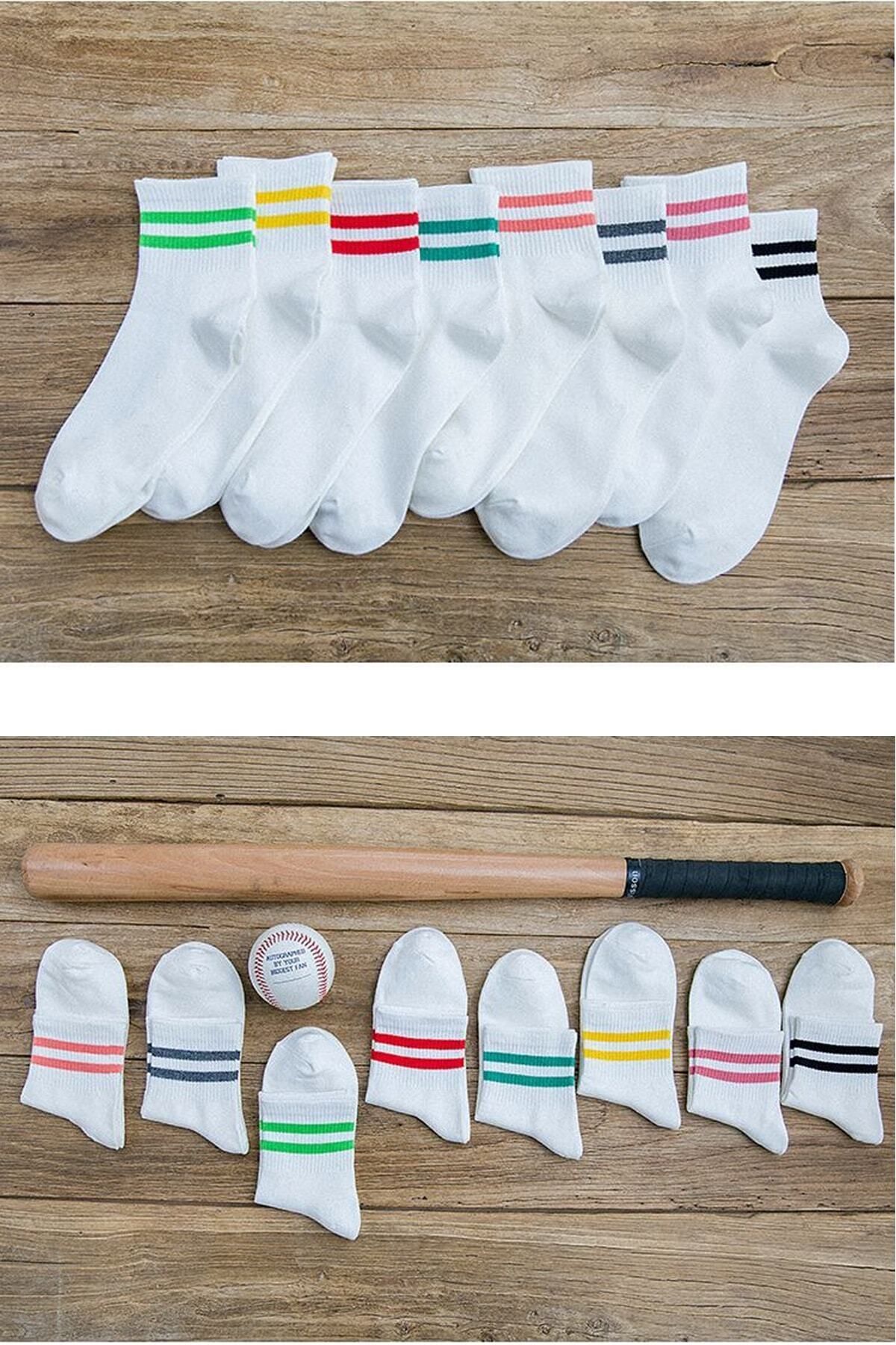 Unisex Beyaz Koton Ekonomik Desenli Tenis Çorap 8 Çift Klasik