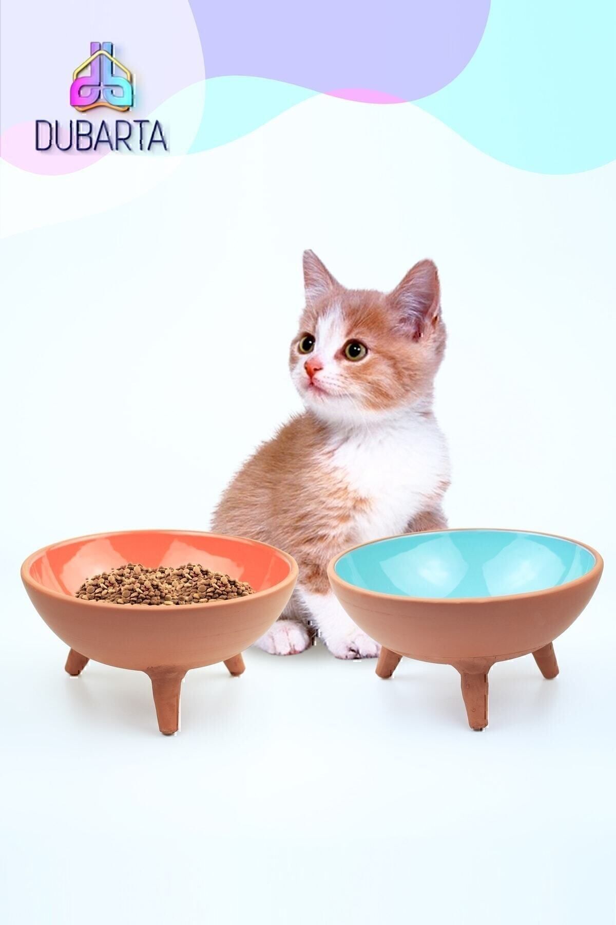 2li Ayaklı Sırlı Toprak Çömlek Kedi - Köpek Mama Kabı (15CM)