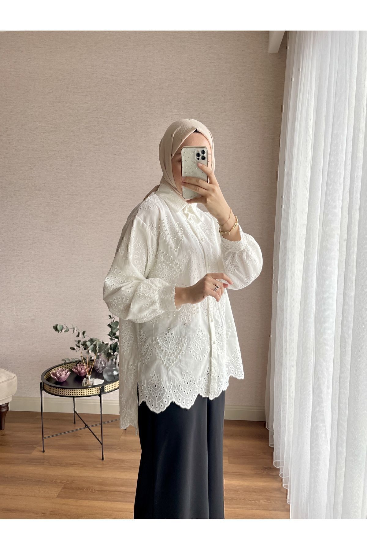 İnci Detaylı Brode Kumaş Astarlı Tesettür Fisto Gömlek