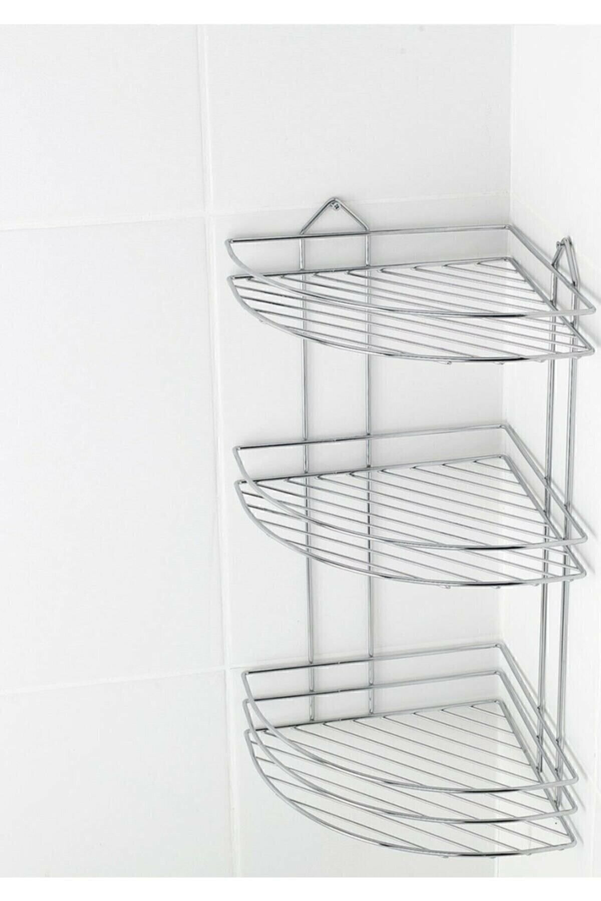 Paslanmaz Krom 3 Katlı Banyo Köşeliği Şampuanlık Köşelik Banyo Rafı Ek-03 Fma06187