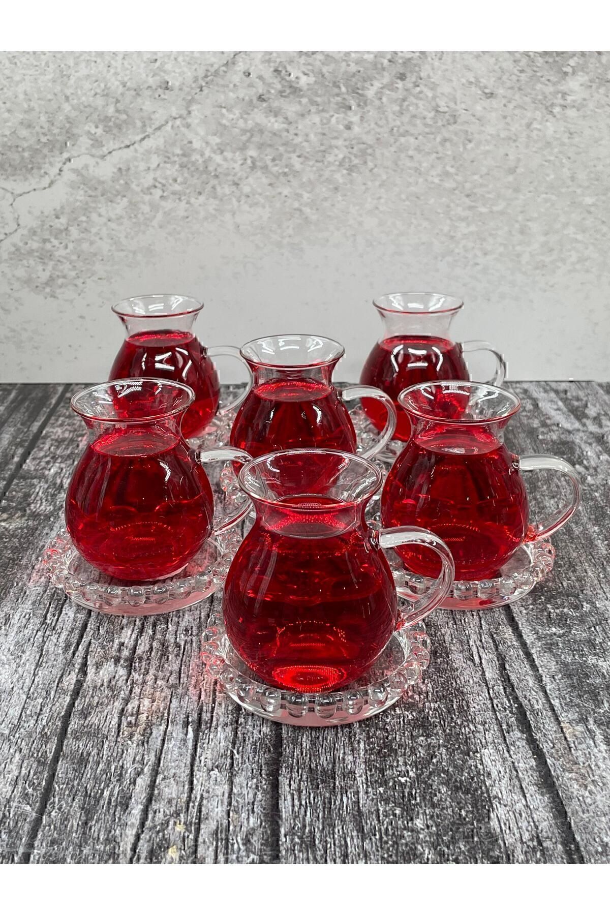 6 Kişilik Keyfi Ala Borosilikat Cam Kulplu Çay Bardağı 220ml