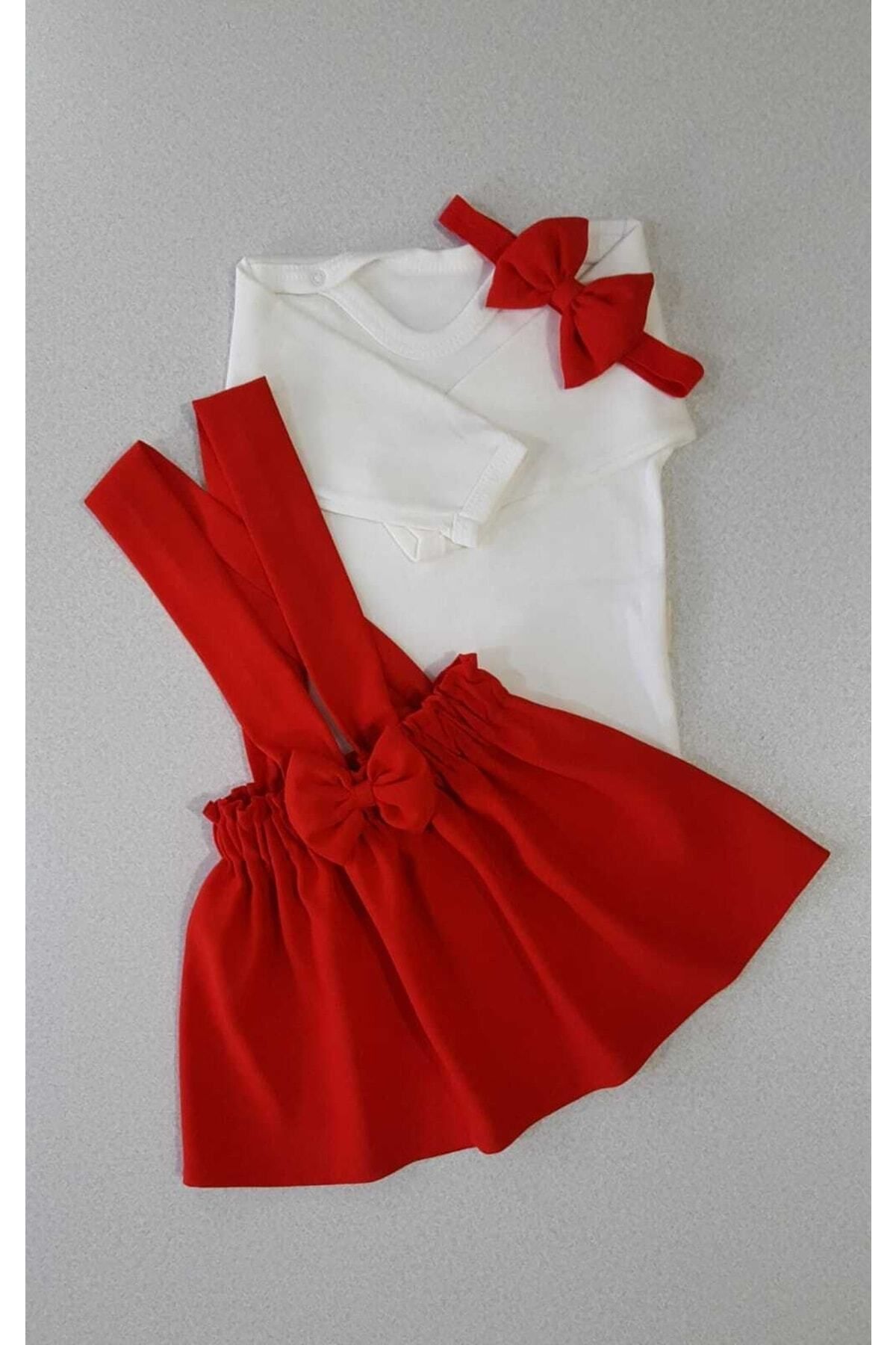 Kırmızı Krep Elbise Bandana Ve Uzun Kol Badi
