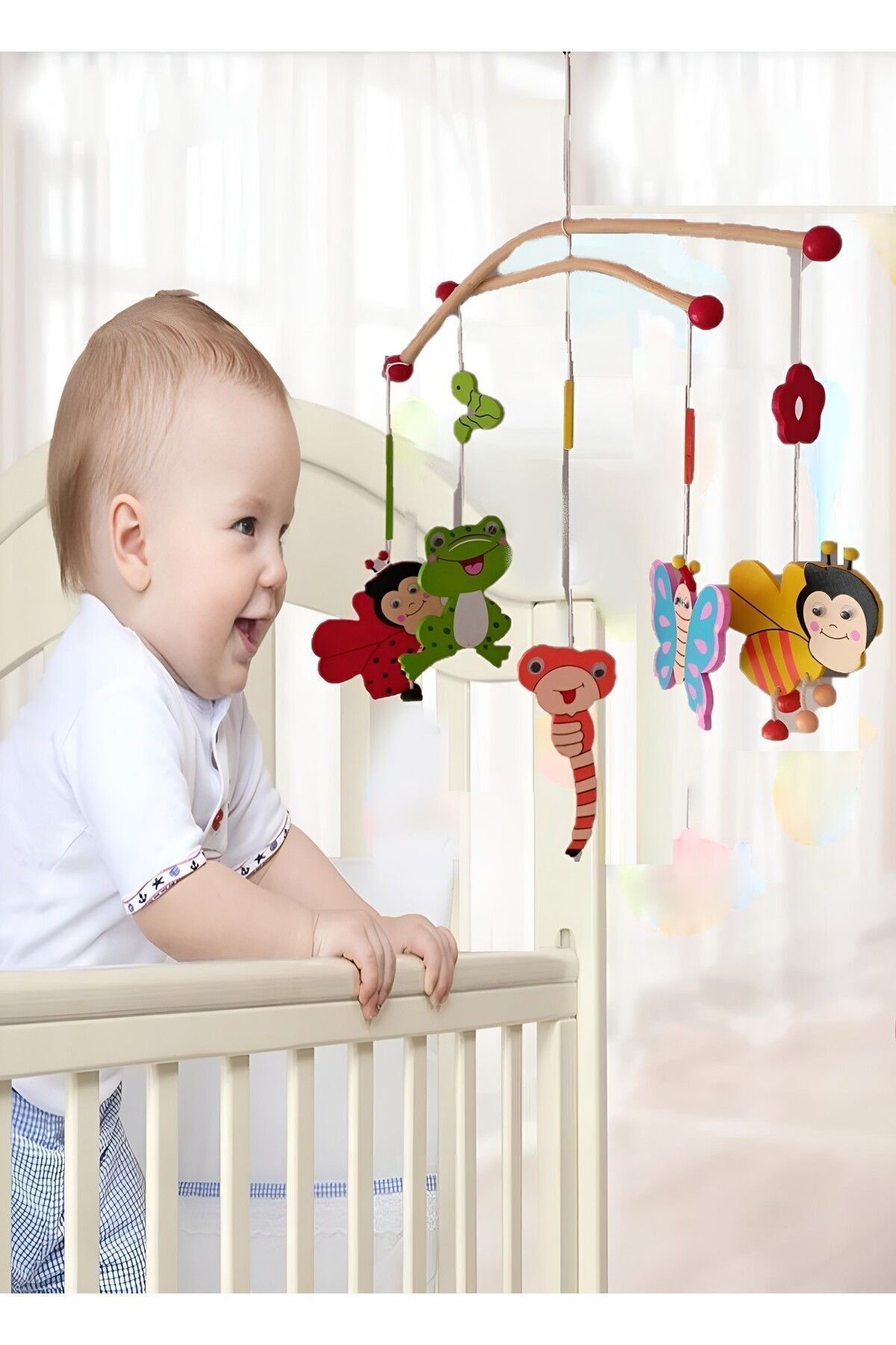 Bebek Beşik Süsü Dönence Ahşap Hayvan Figürlü Beşik Dönencesi Uyku Yardımcısı