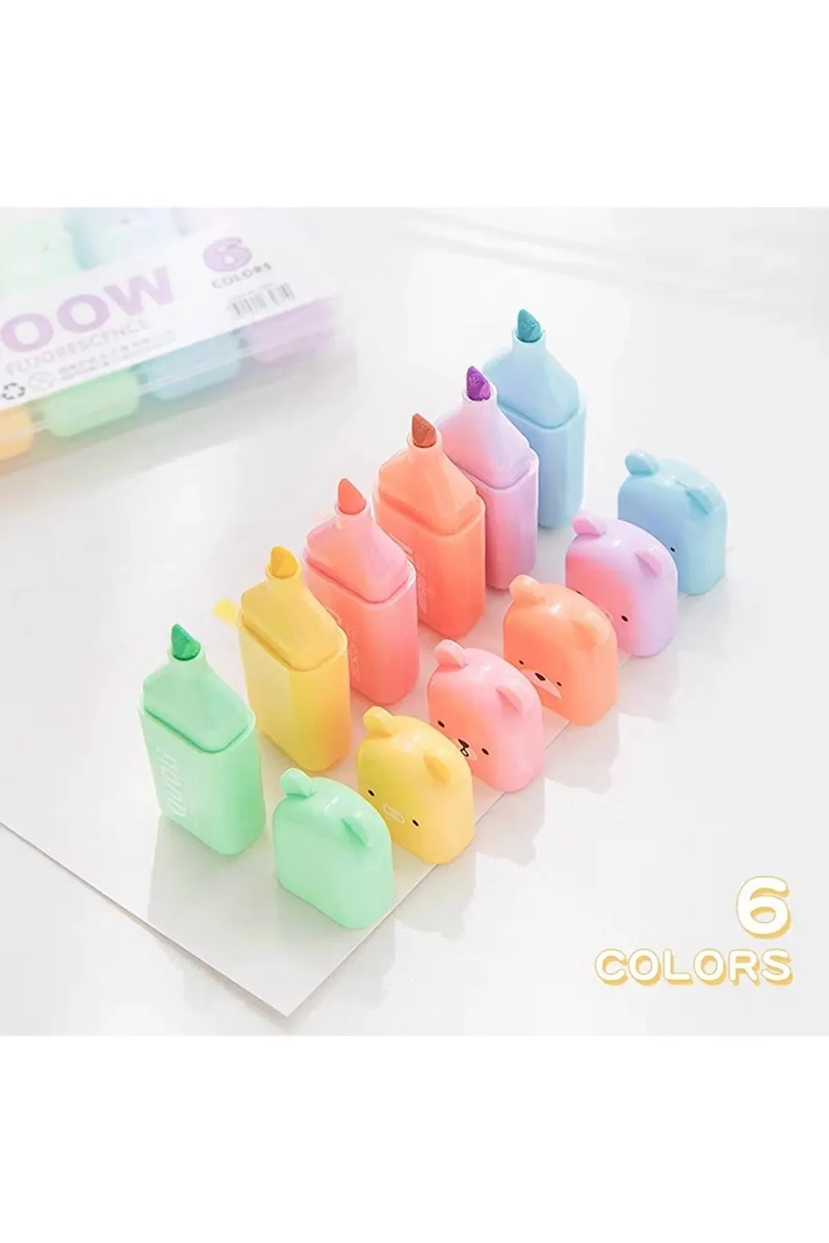 6 Lı Kutulu Mini Fosforlu Kalem Seti Sevimli Figürler