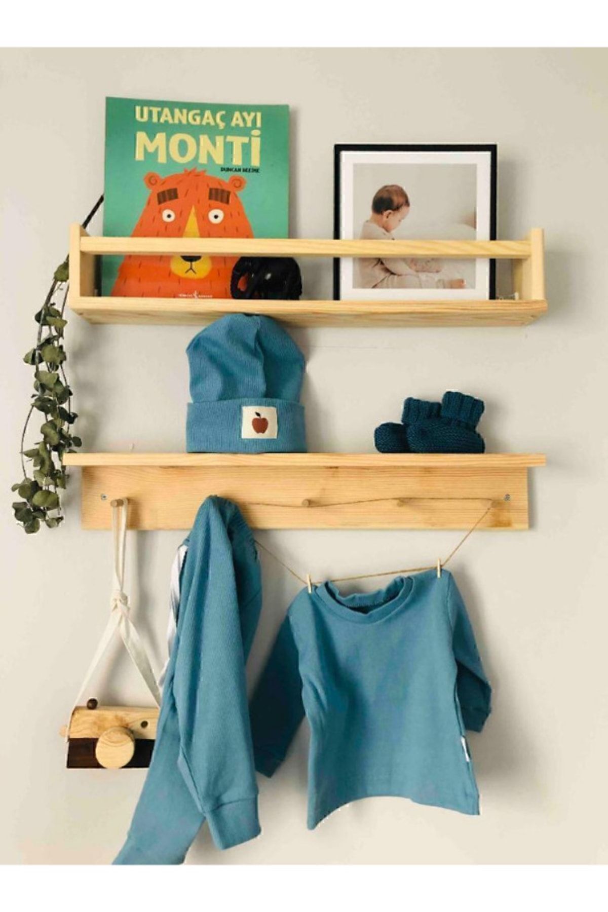 Ahşap Askılık Raf Ve Kitaplık Raf Eğitici Montessori Raf 2'li 40 Cm