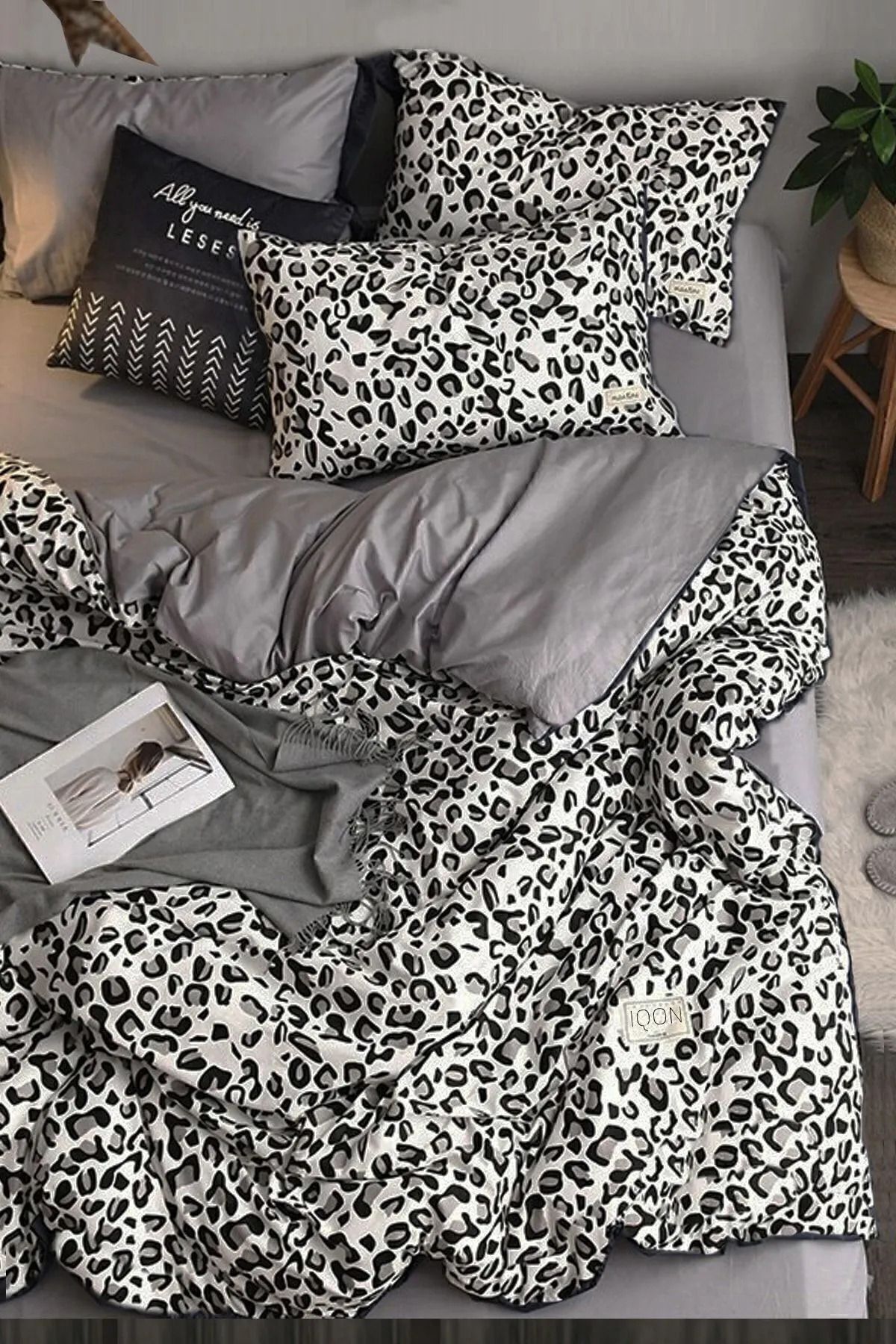 Lastikli Çarşaflı Nevresim Takımı Çift Kişilik Leopar Premium Cotton 64s