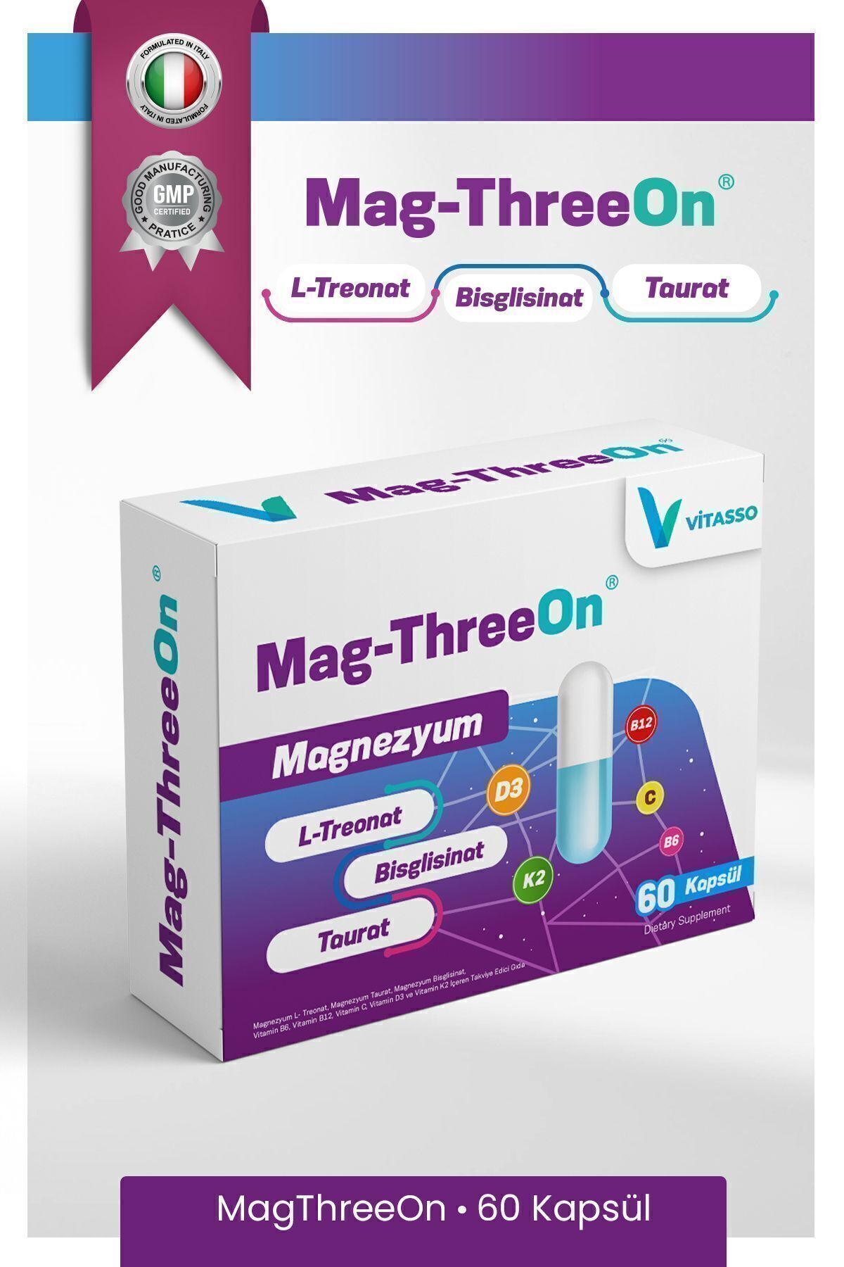 Magnezyum Magthreeon 60 Kapsül Magnezyum B6-b12-c-d3-k2 Vitamin Ve Mineral Gıda Takviyesi