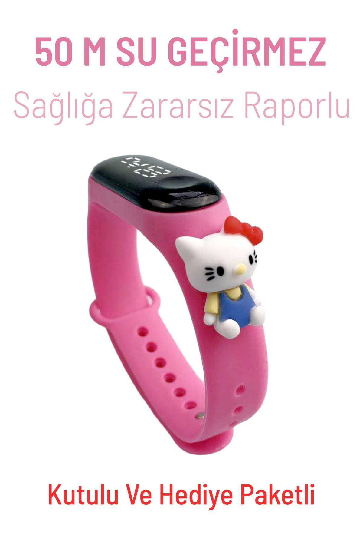 Hello Kitty Figürlü Led Dokunmatik Ekranlı Su Geçirmez Dijital Kız Çocuk Kol Saati (PEMBE)