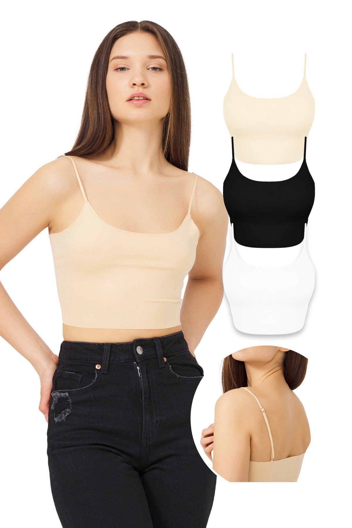Ayarlanabilir Ince Askılı Lazer Kesim Crop Büstiyer 3'lü Paket-3
