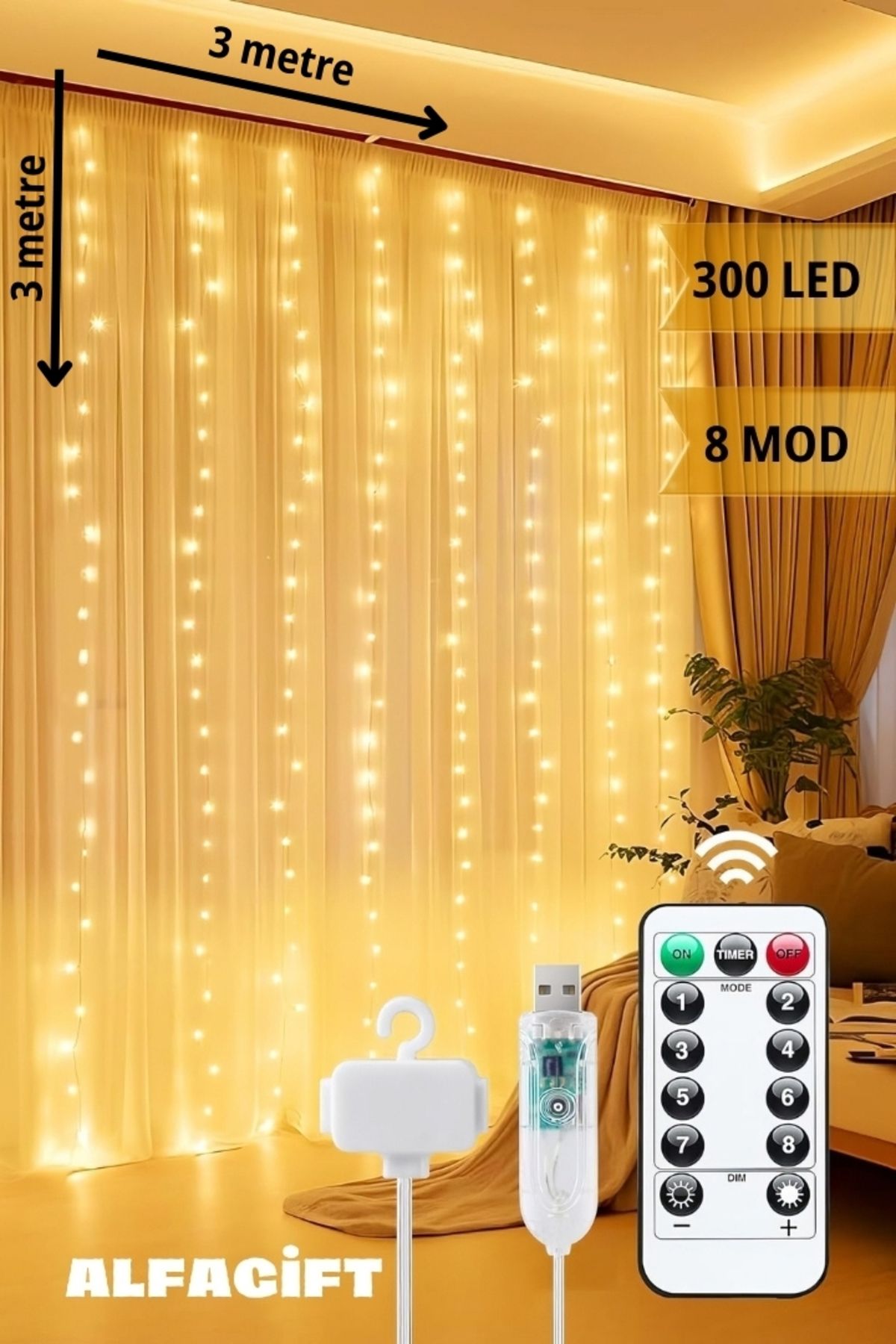 8 Fonksiyonlu 300 Ledli Perde Led Işık-uzaktan Kumandalı, 3x3 Metre