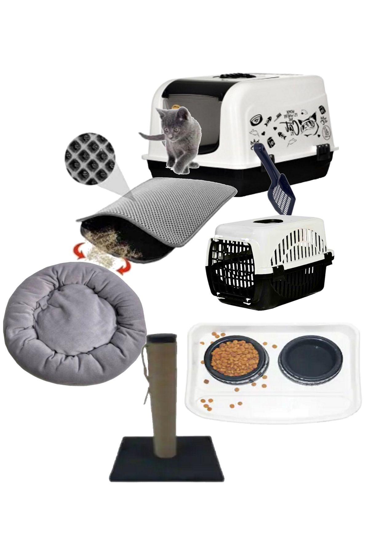 Maxi Xxl Büyük Boy Kedi Tuvaleti Üstten Açılır Simit Yataklı Kauçuk Paspaslı Tam Set