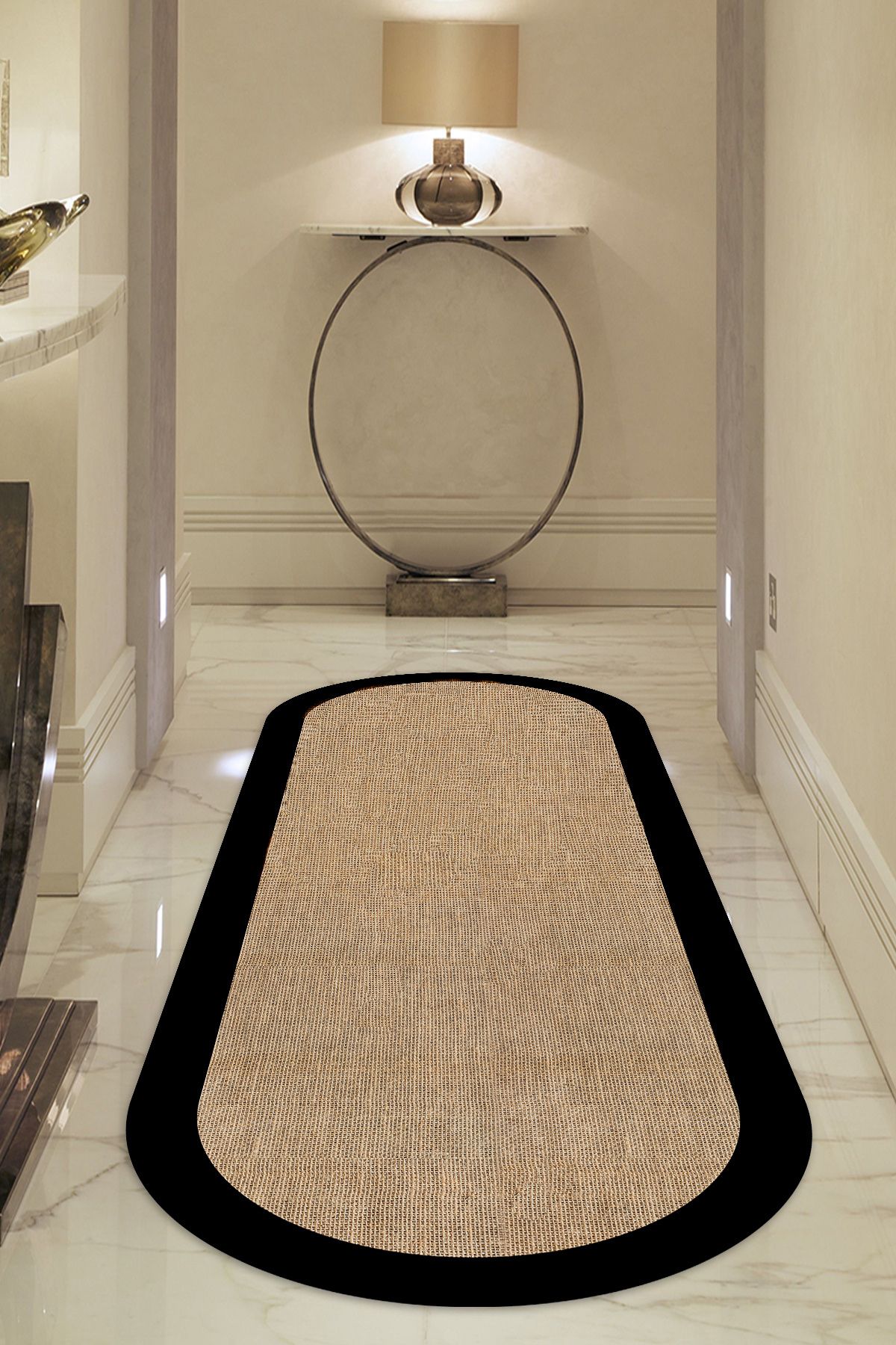 Dijital Kaymaz Yıkanabilir Siyah Jüt Görünümlü Oval Salon Halısı Mutfak Halısı Koridor Halısı Yolluk