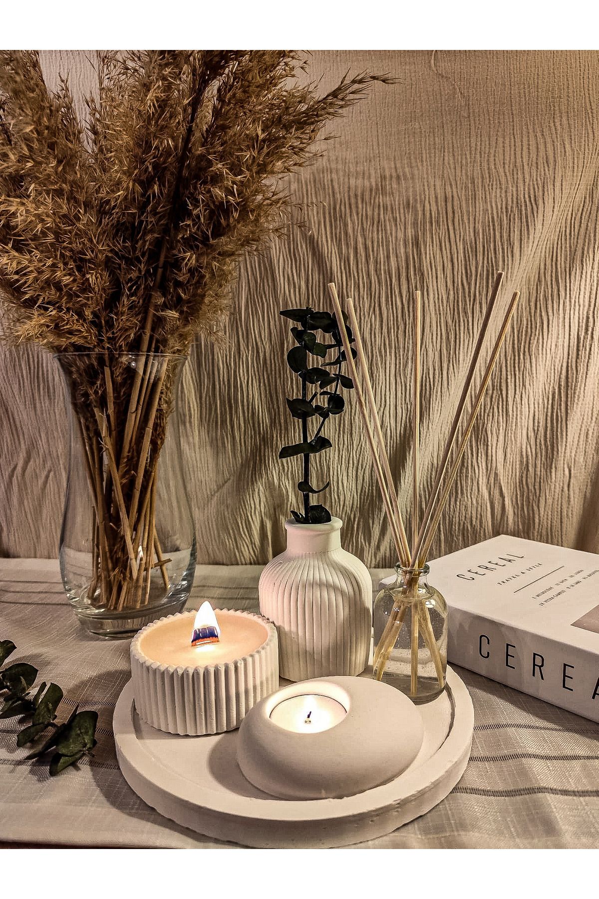 Dekoratif 5li Set Mum Çizgili Vazo Tealight mumluk ve Oda Kokusu Seti