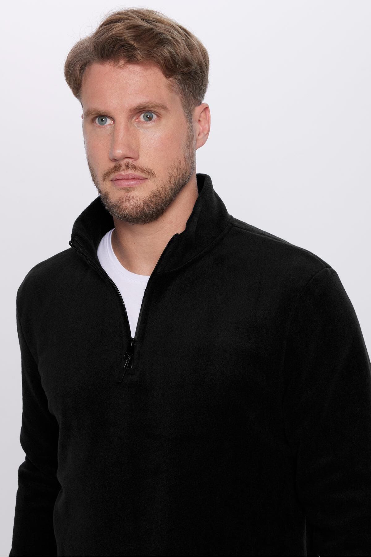 Unisex Standart Fit Rahat Kesim Tüylenme Yapmayan Soğuk Geçirmez Siyah Dik Yaka Polar Sweatshirt