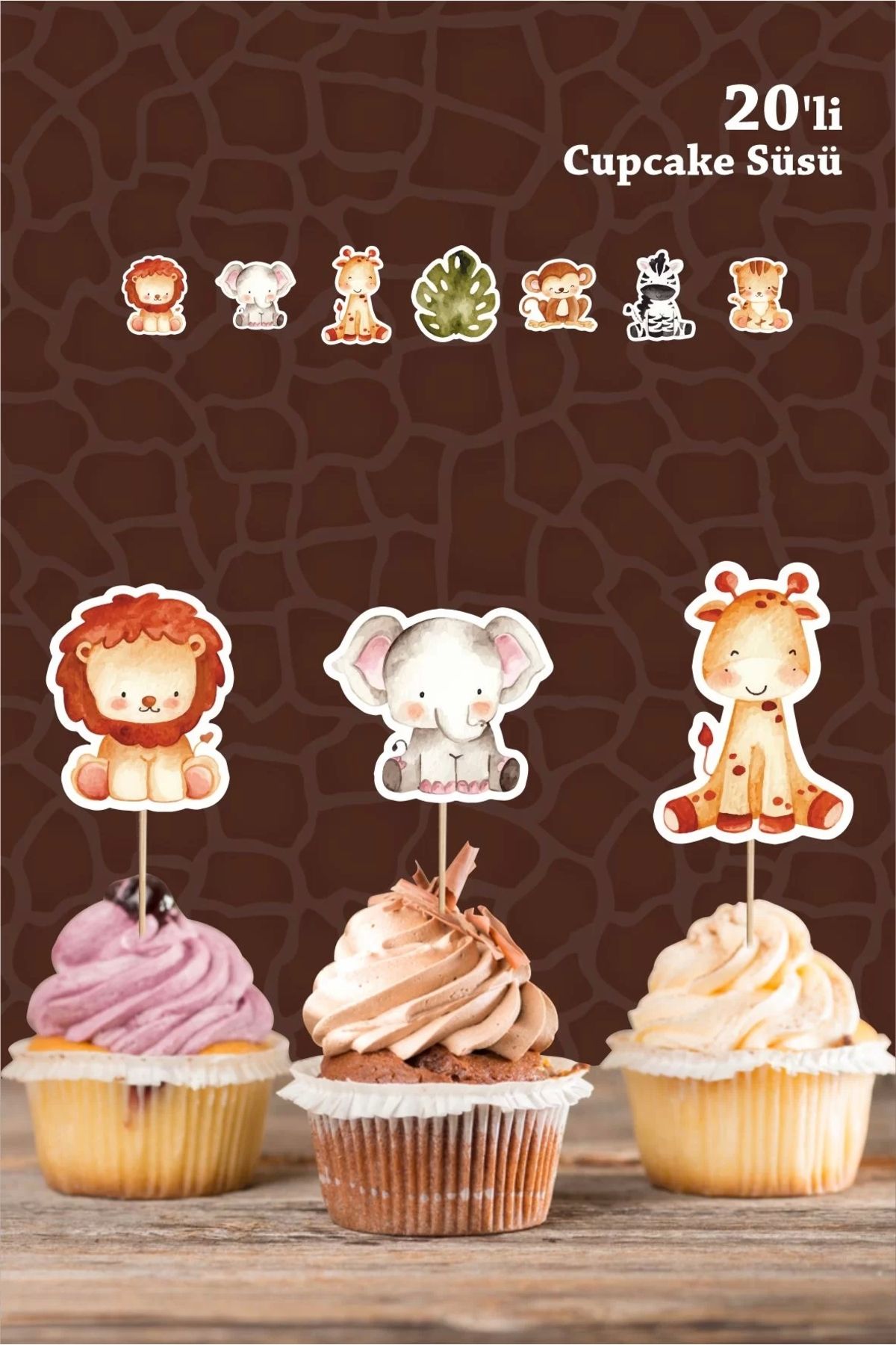 Safari Hayvanları Pastel *Kürdanlı Cupcake Süsü *20'li Kalın Kağıt