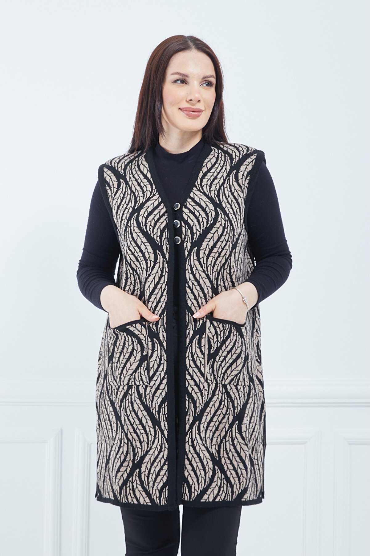 Kadın Vizon Yaprak Desenli Cepli Uzun Kışlık Triko Anne Yelek